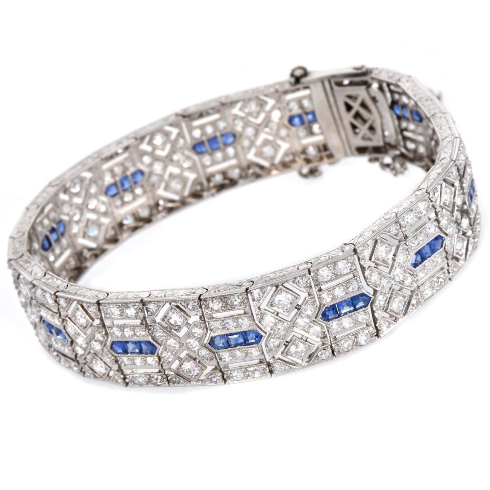 Antike 1920er Jahre Deco Diamant Saphir Platin Geometrische Link-Armband (Rundschliff)