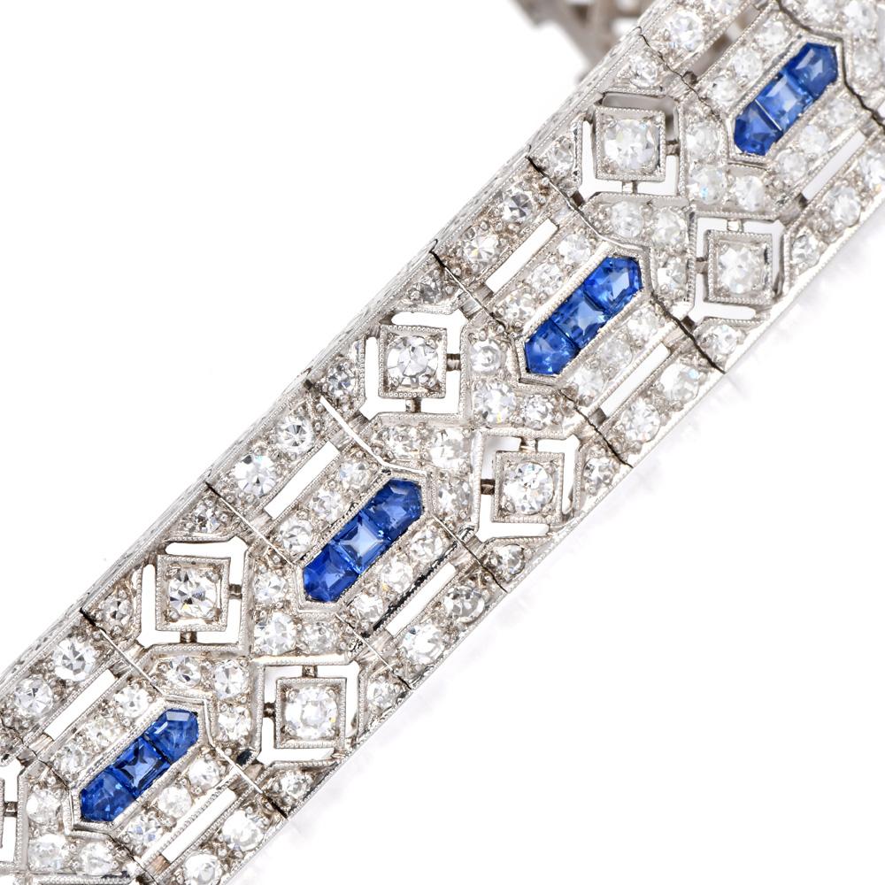 Antike 1920er Jahre Deco Diamant Saphir Platin Geometrische Link-Armband im Zustand „Hervorragend“ in Miami, FL