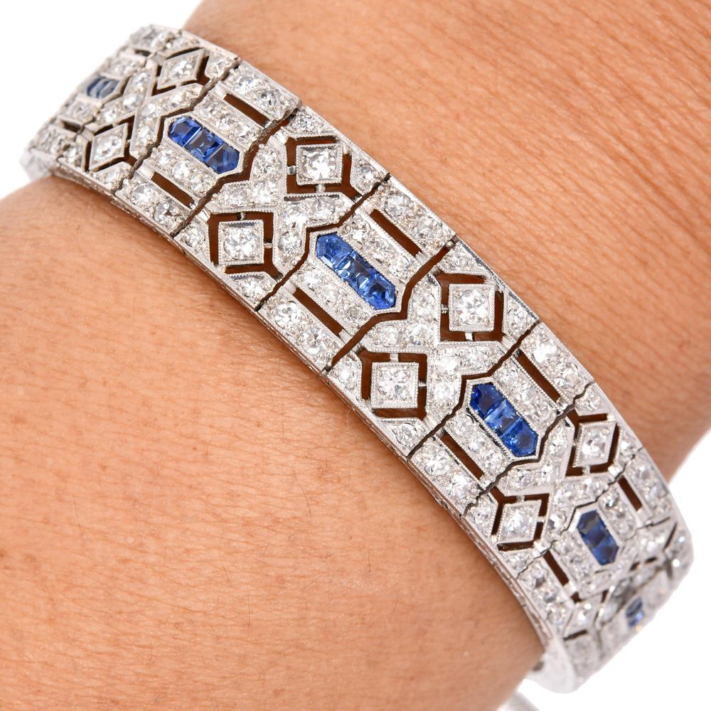 Antike 1920er Jahre Deco Diamant Saphir Platin Geometrische Link-Armband 2