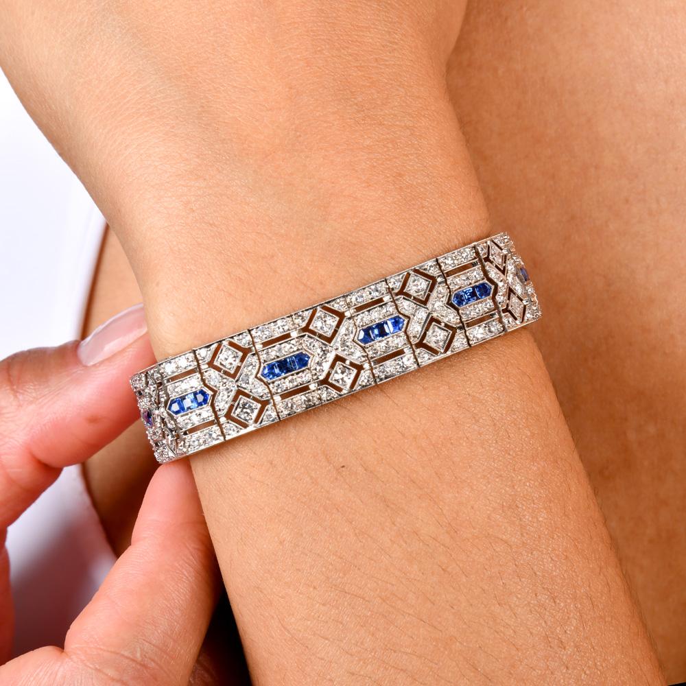 Antike 1920er Jahre Deco Diamant Saphir Platin Geometrische Link-Armband 3