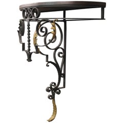 Antique 1920s Demilune Iron and Walnut Wall Console