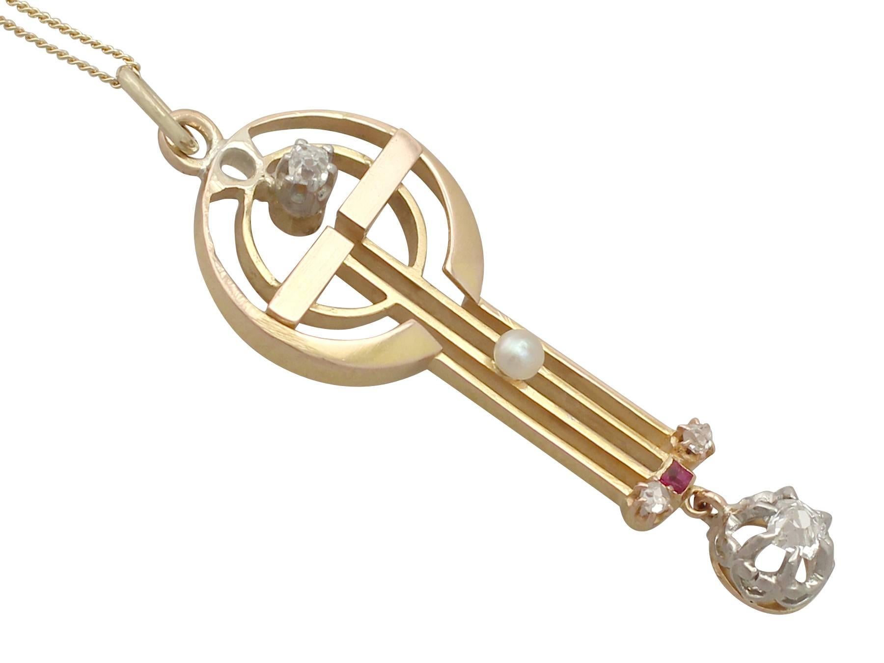 Women's Art Nouveau 1920s Diamond Pearl Ruby and Yellow Gold Pendant For Sale