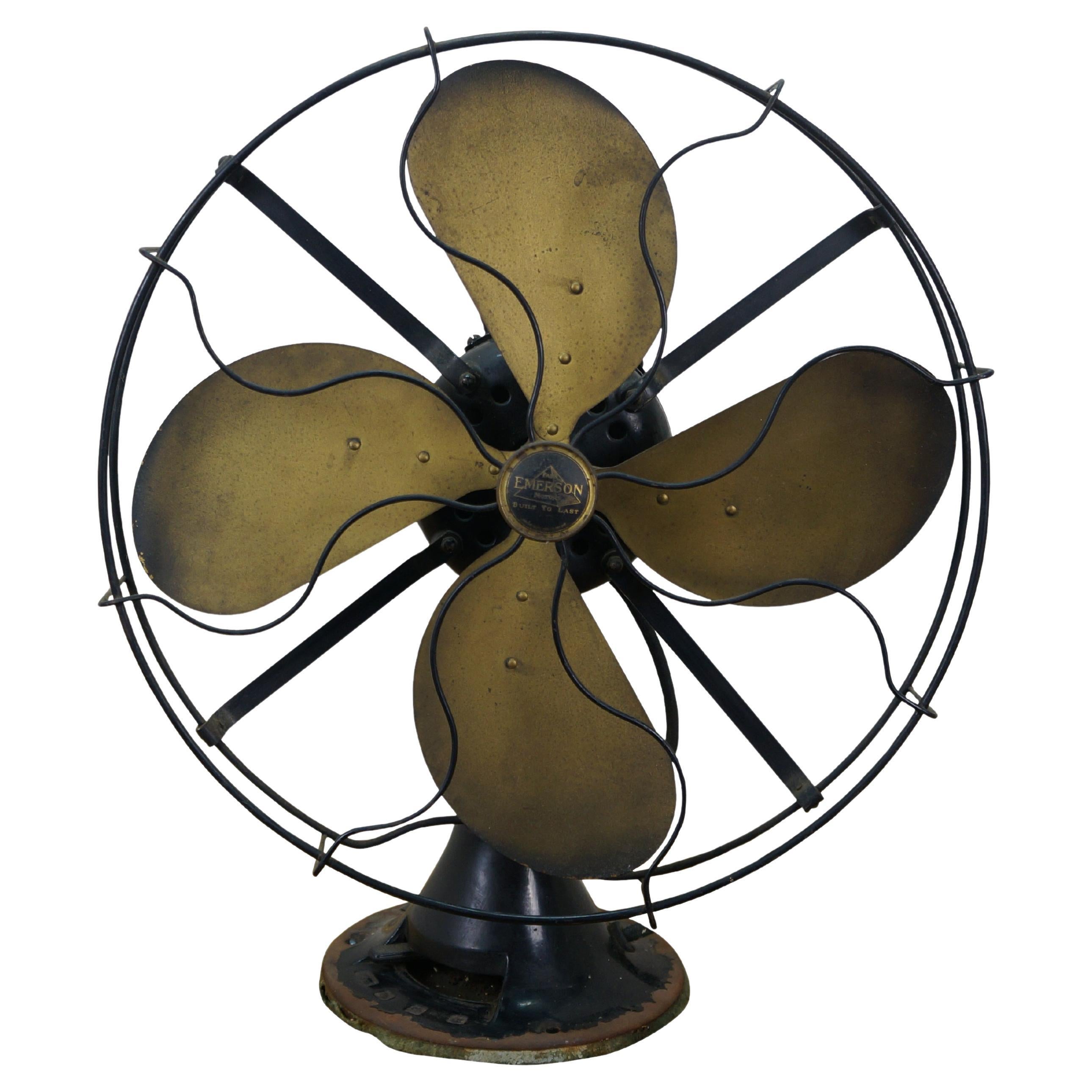 Antique 1920s Emerson Type 29648 Three Speed Brass Blade Desk Fan Works 16"