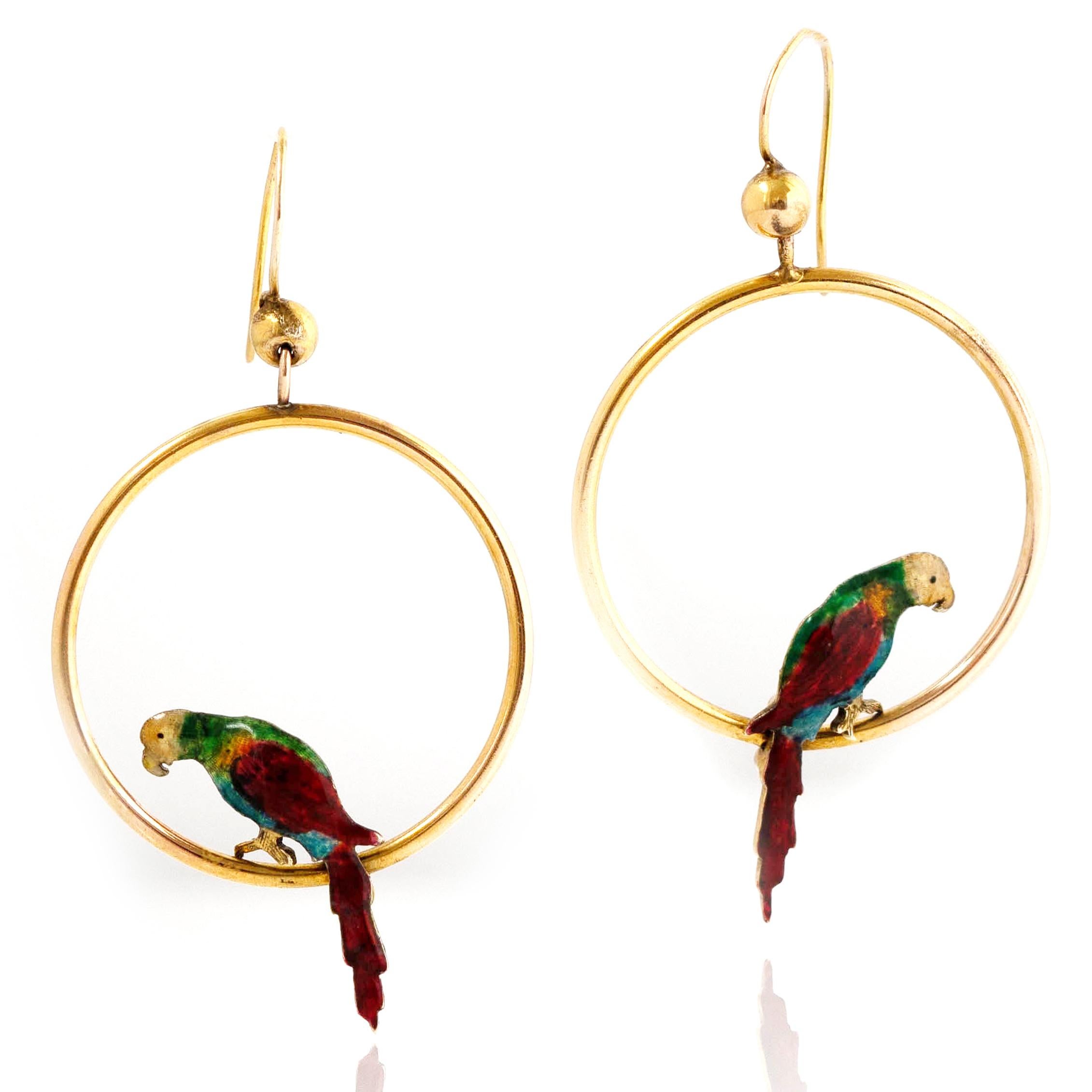 Women's Antique 1920s Enamel Parrot 9ct Gold Hoop Earrings