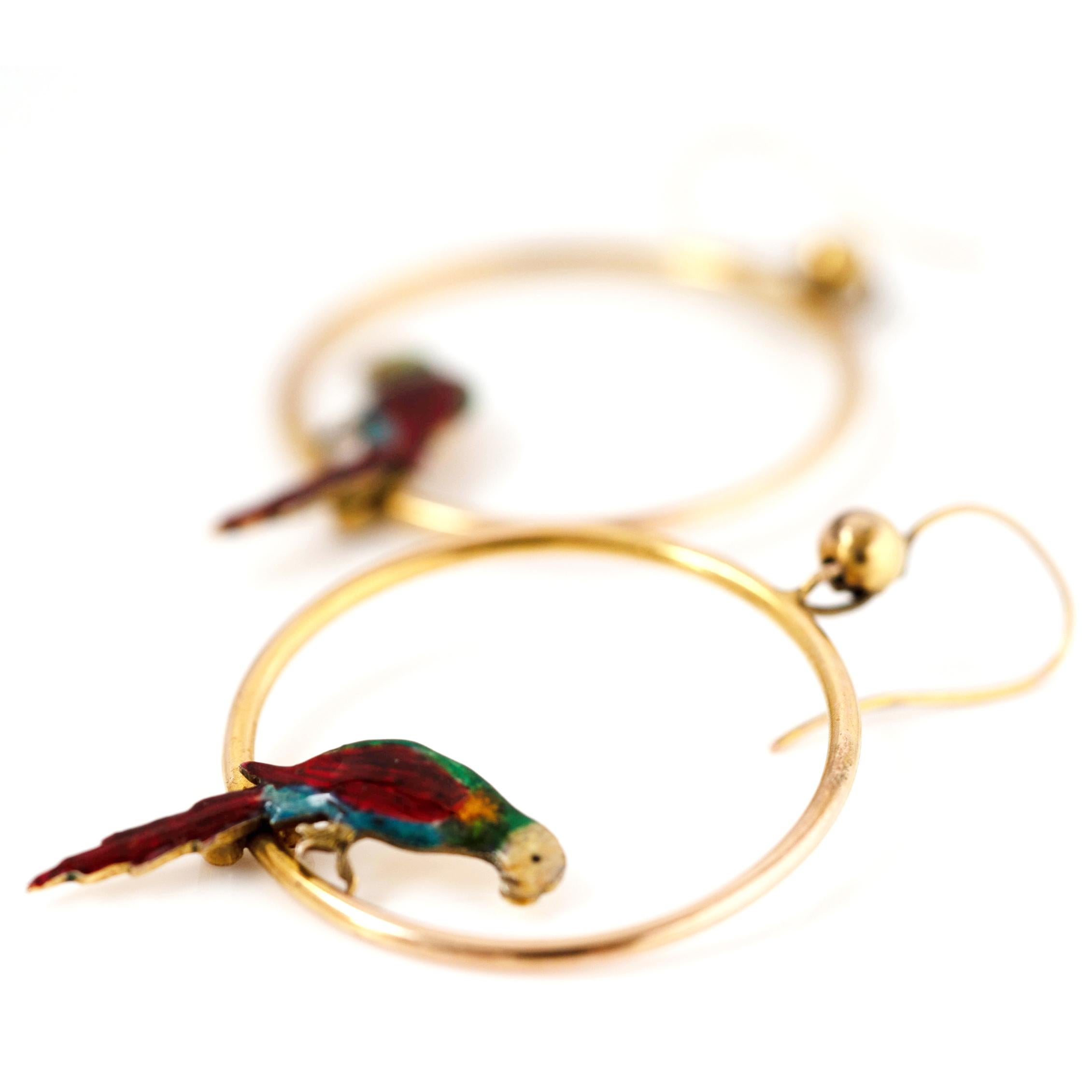 Antique 1920s Enamel Parrot 9ct Gold Hoop Earrings 3
