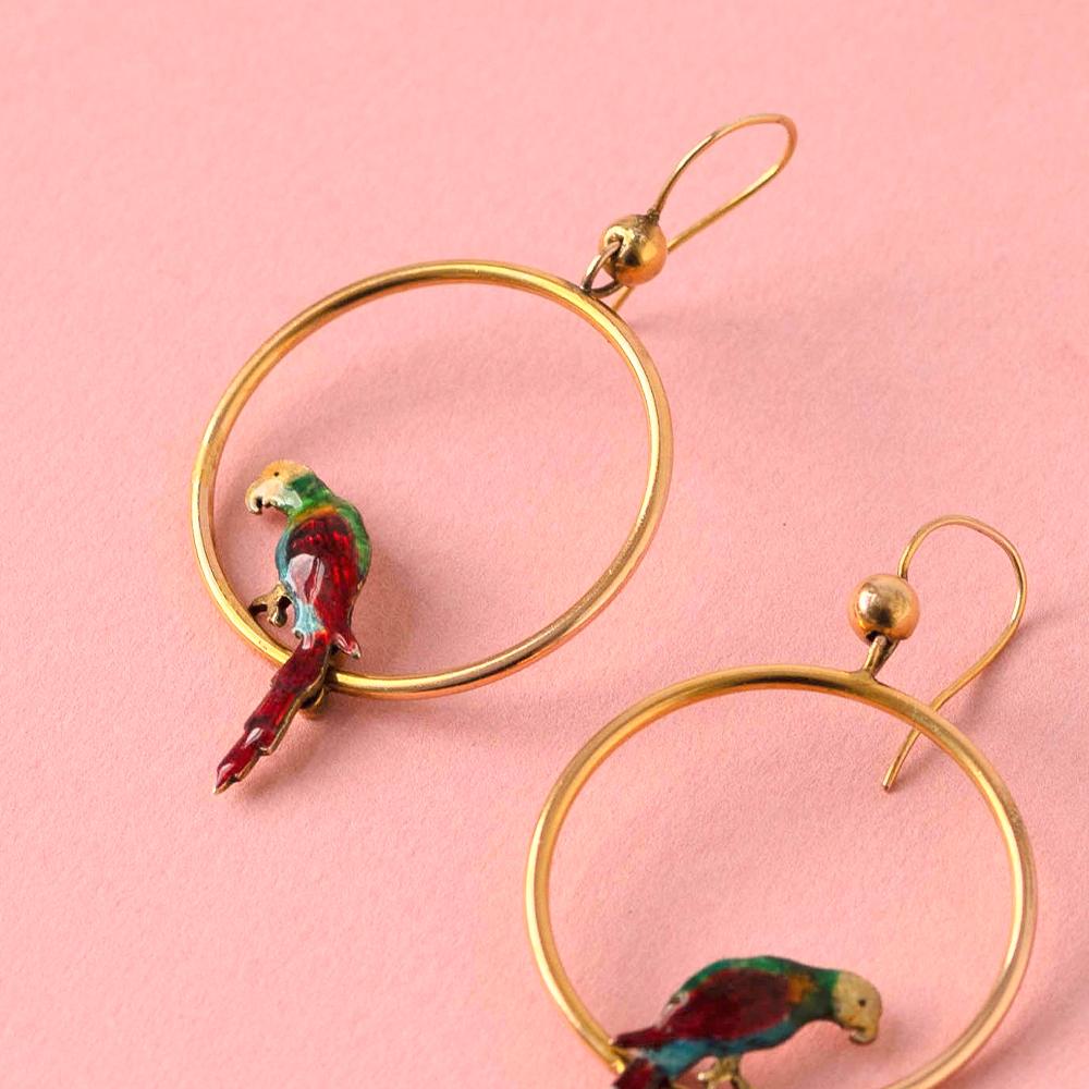 Antique 1920s Enamel Parrot 9ct Gold Hoop Earrings 4