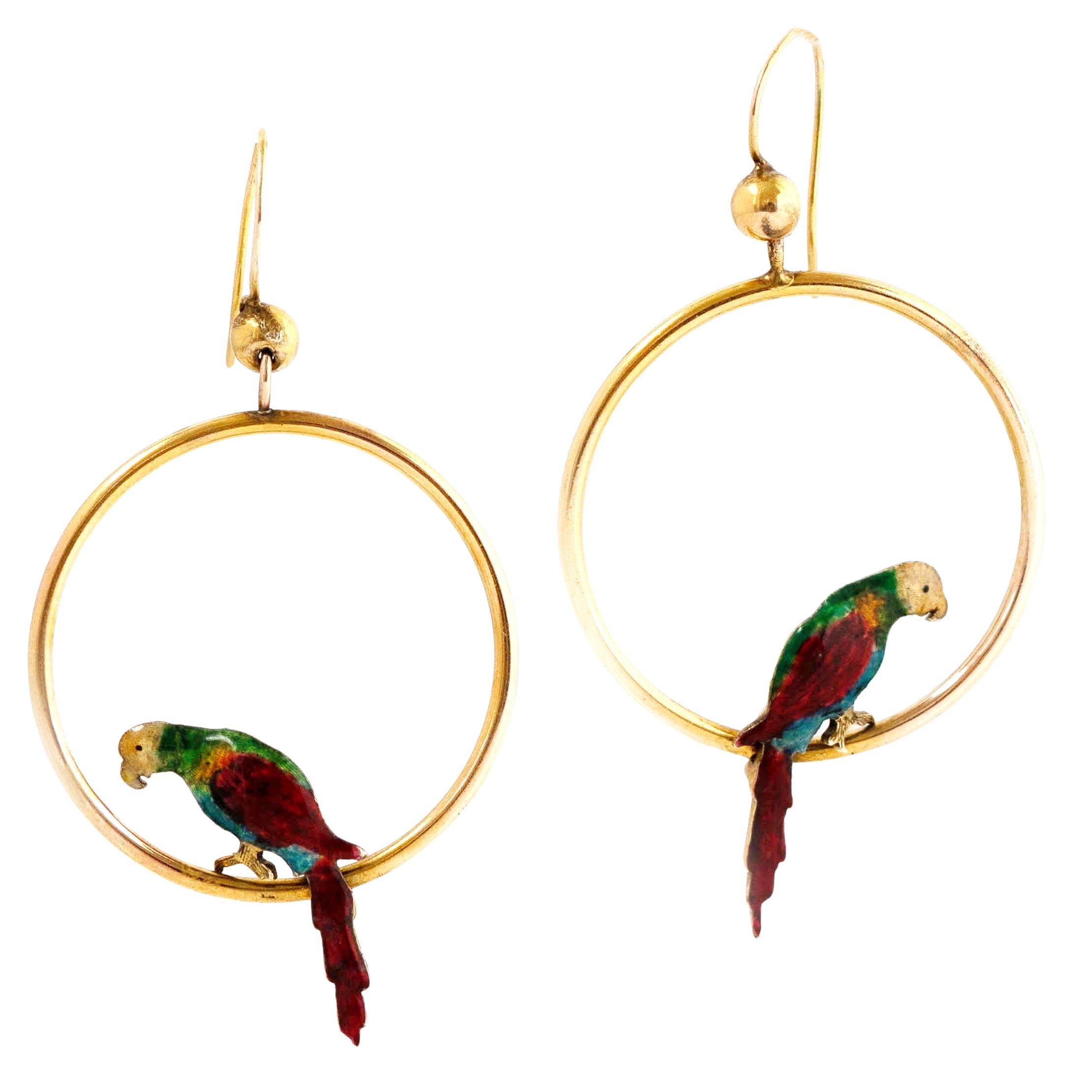Antique 1920s Enamel Parrot 9ct Gold Hoop Earrings