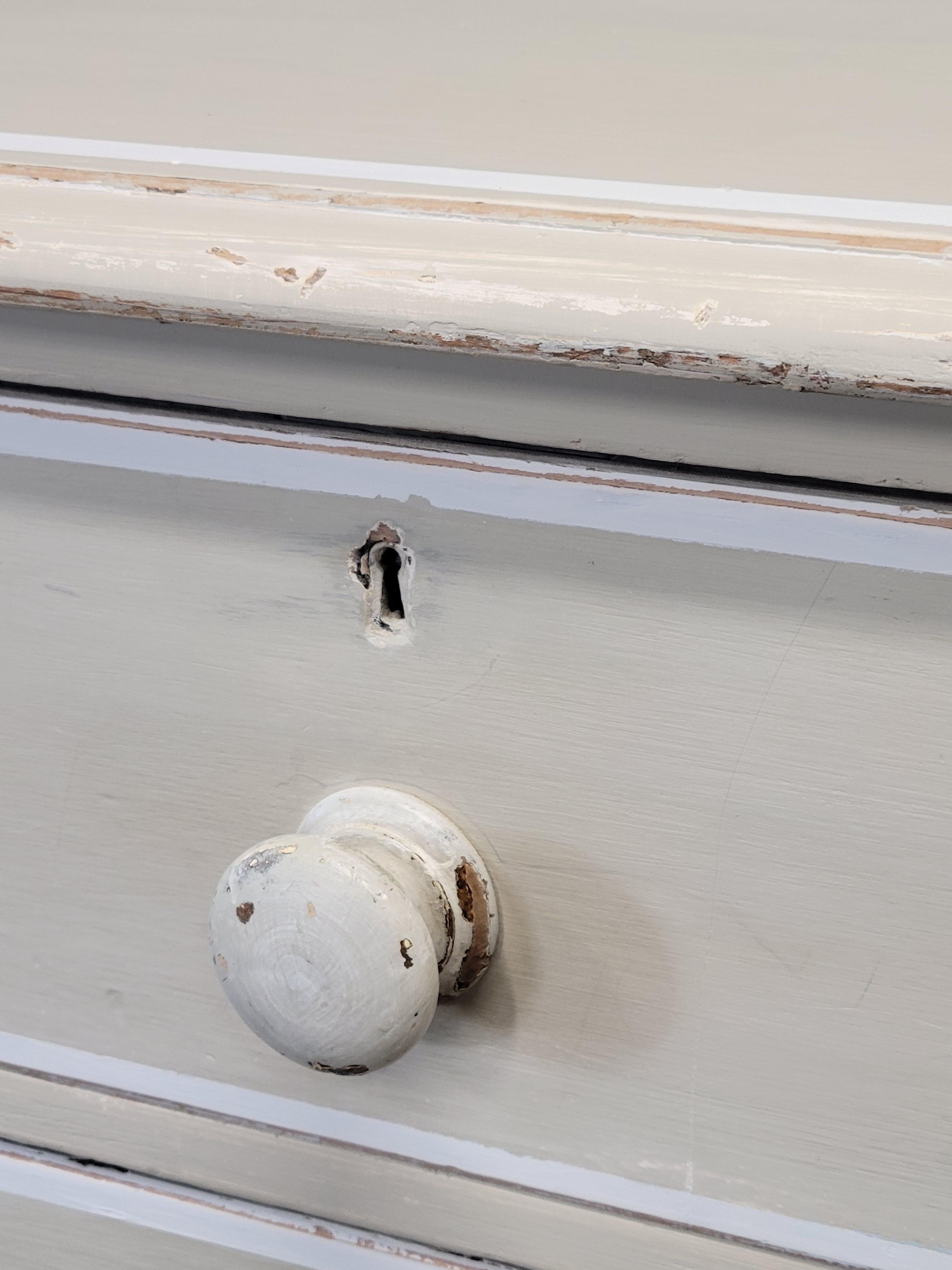 Hand-Crafted Antique 1920s English Dresser Chest of Drawers with Old Cream and White Paint For Sale
