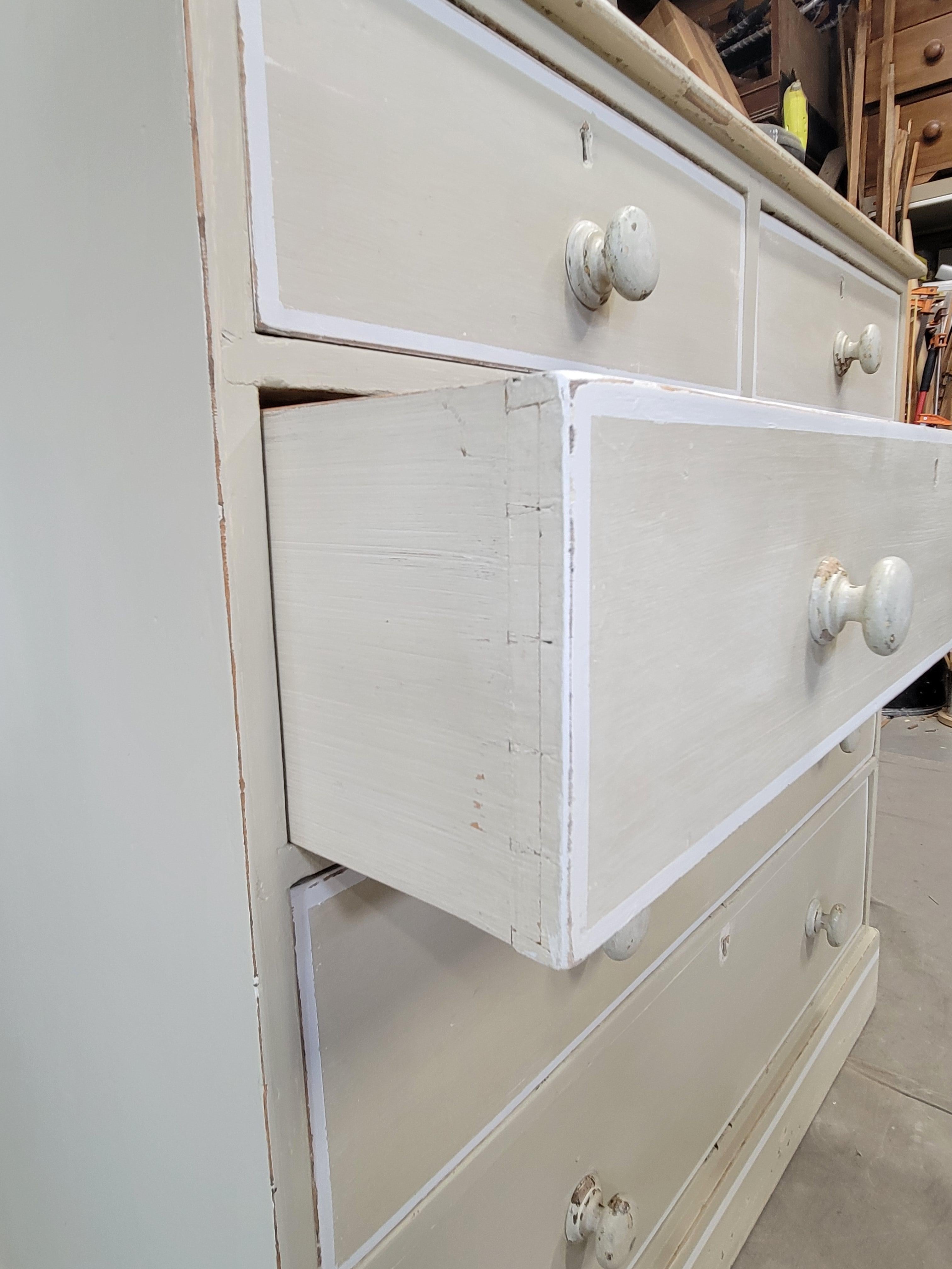 Antique 1920s English Dresser Chest of Drawers with Old Cream and White Paint In Good Condition For Sale In Centennial, CO
