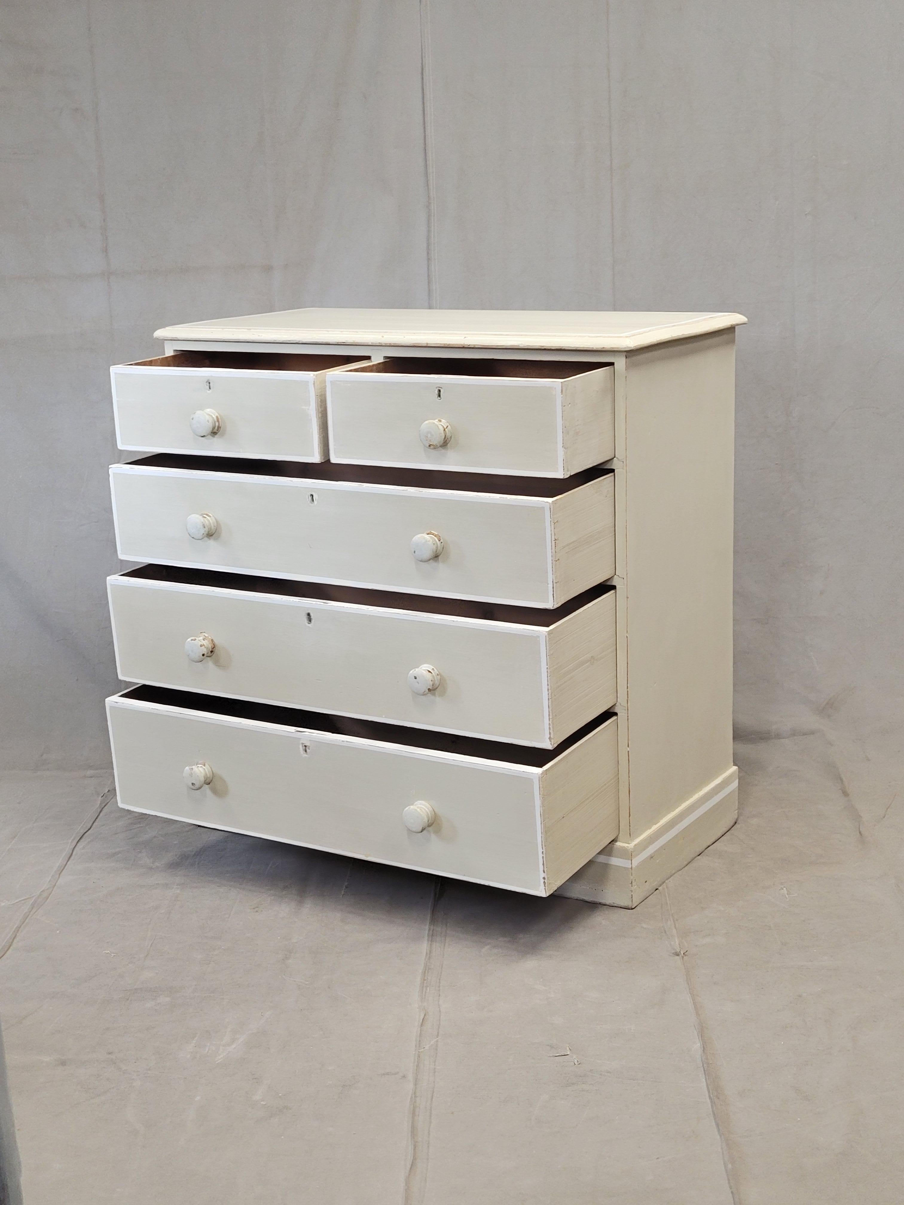 Pine Antique 1920s English Dresser Chest of Drawers with Old Cream and White Paint For Sale