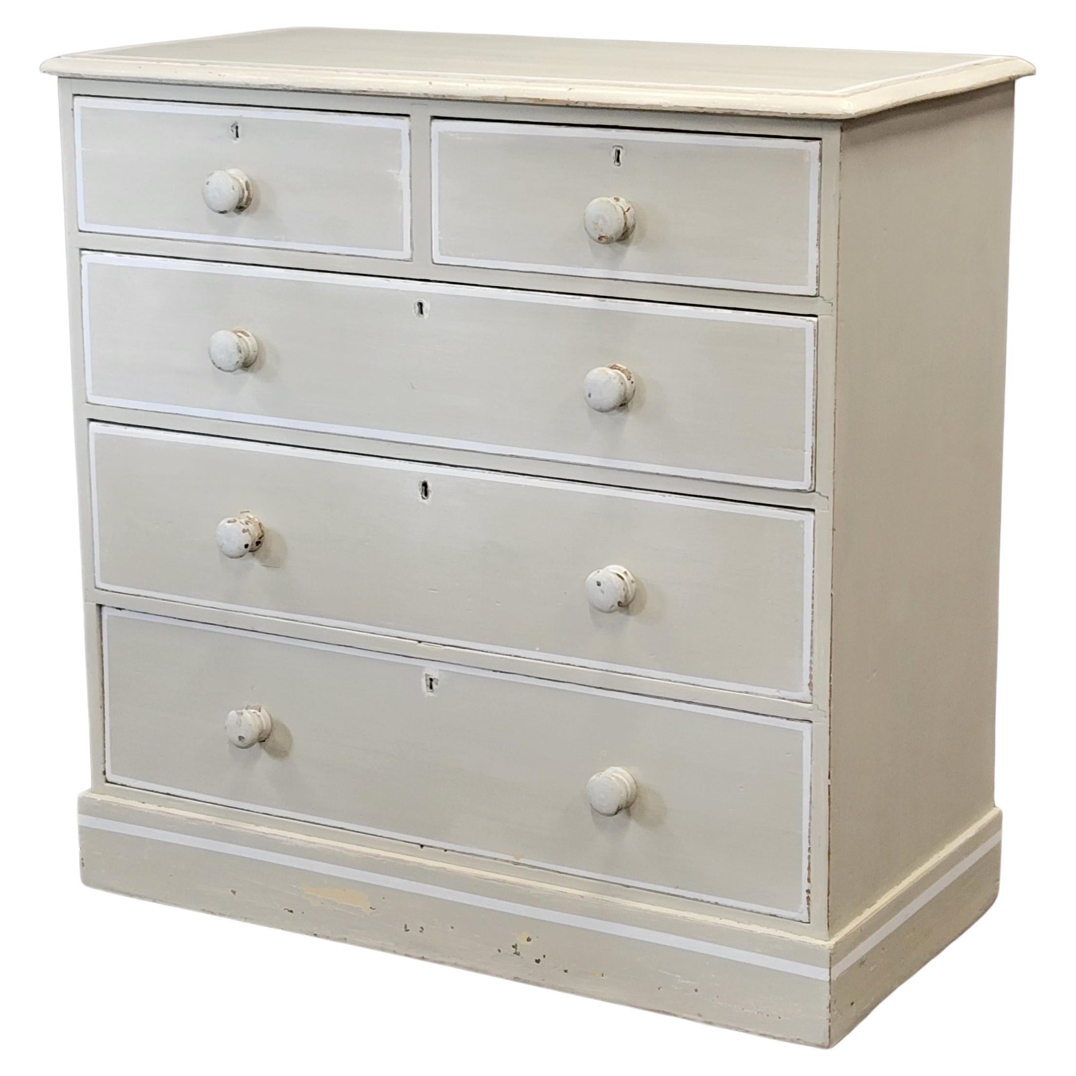 Antique 1920s English Dresser Chest of Drawers with Old Cream and White Paint For Sale