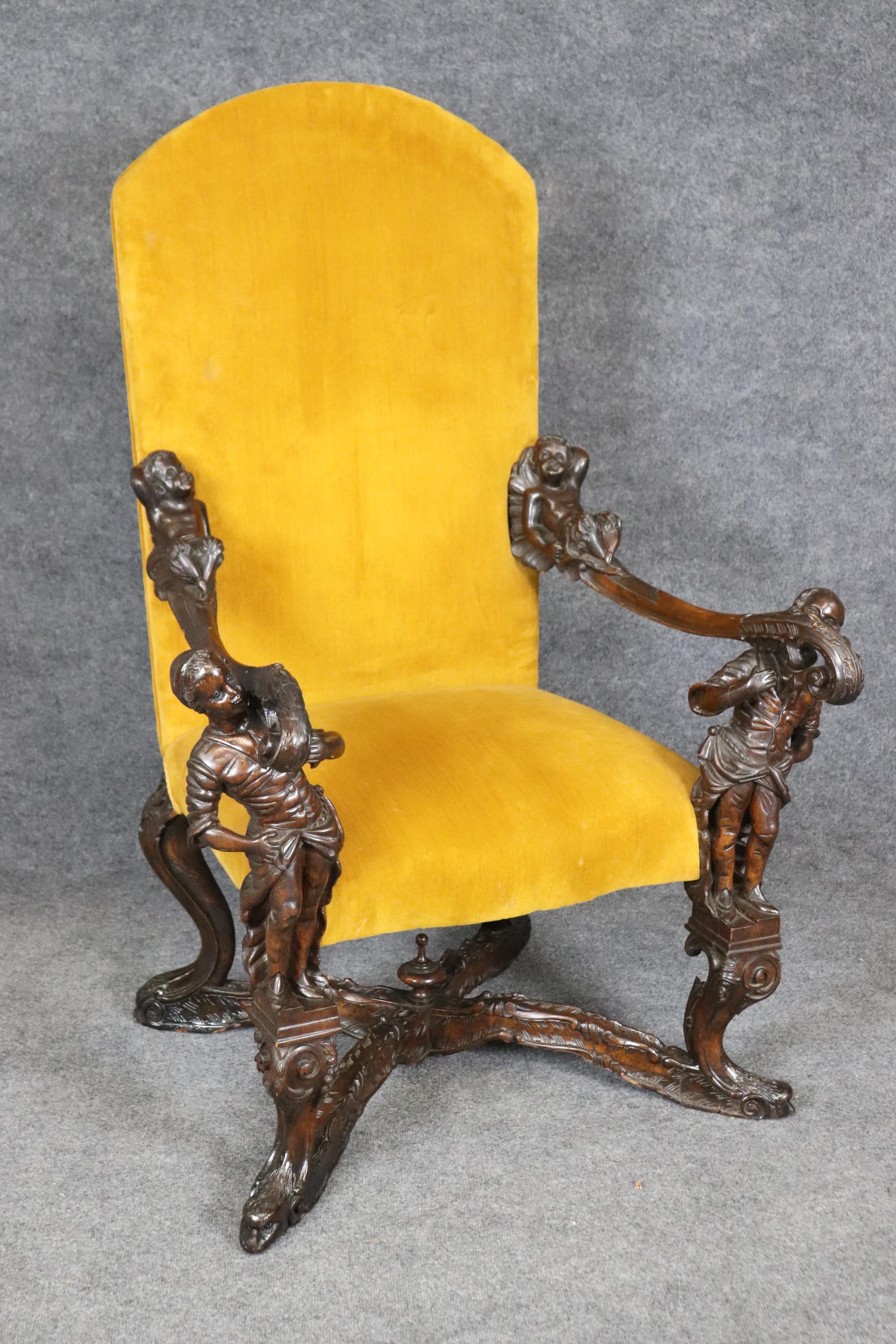 Italian Antique 1920s era Figural Carved Mahogany Throne Chair Manner Andrea Brustolon