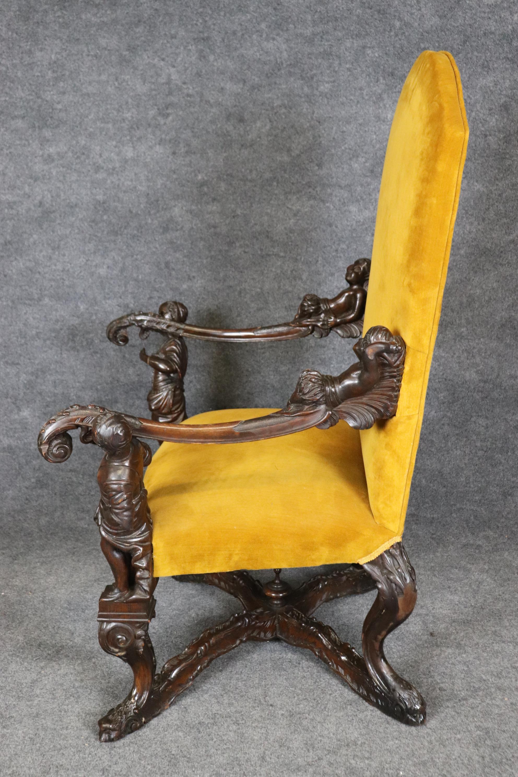 Walnut Antique 1920s era Figural Carved Mahogany Throne Chair Manner Andrea Brustolon