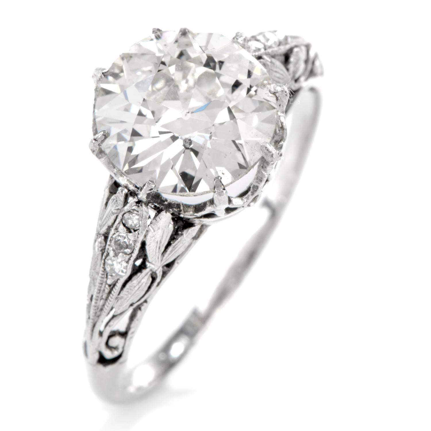 Antique 1920s European Cut Diamond Filigree Platinum Engagement Ring In Excellent Condition In Miami, FL