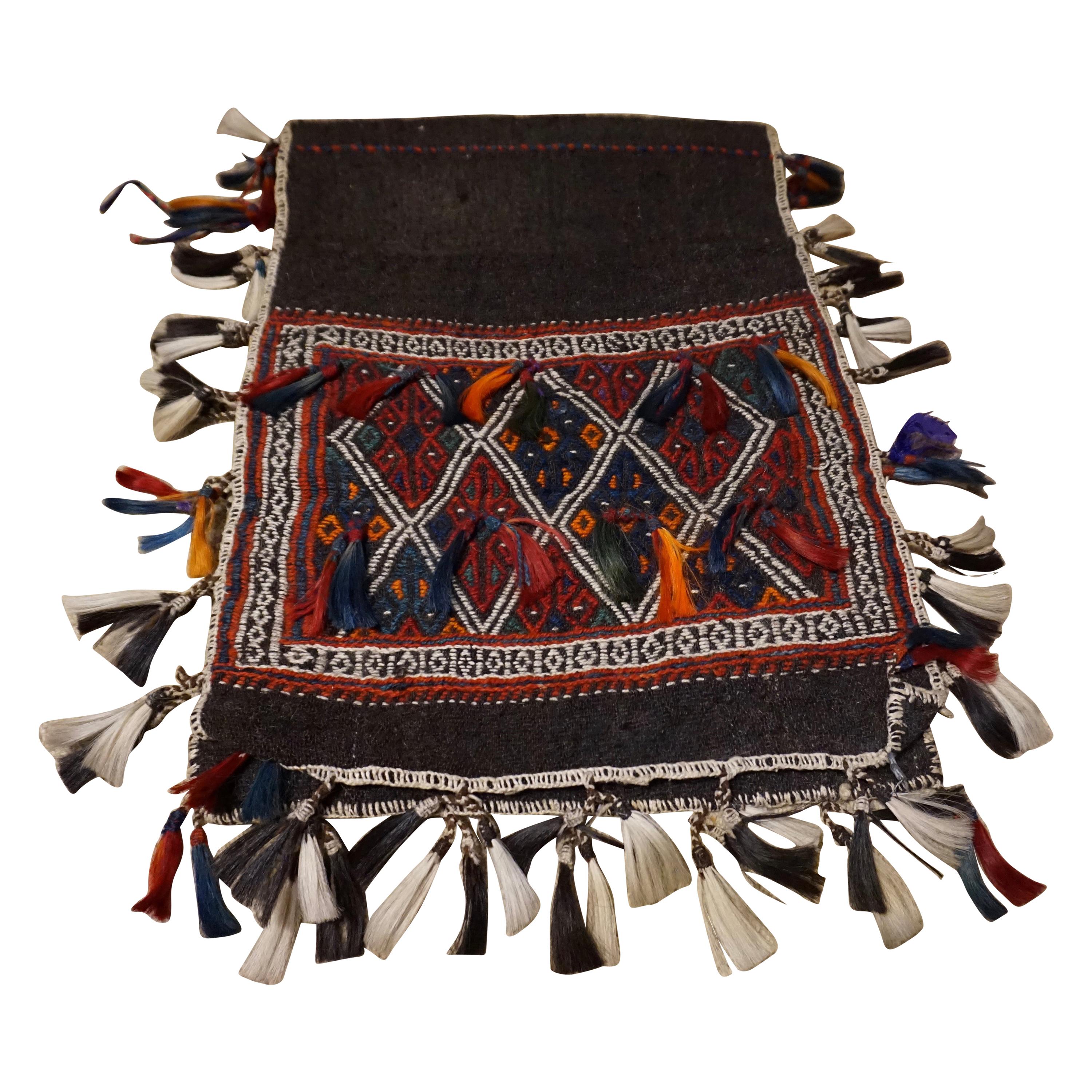 Antique 1920s Fine Turkish Saddle Bag Goat Hair with Decorative Tassels For Sale