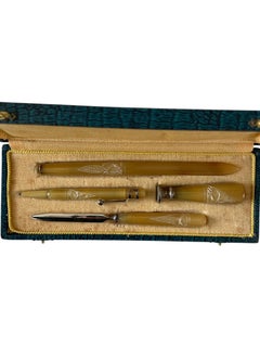 Antique 1920s French Art Deco Natural Blond Horn 4-Piece Writing Desk Set