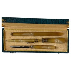Antique 1920s French Art Deco Natural Blond Horn 4-Piece Writing Desk Set