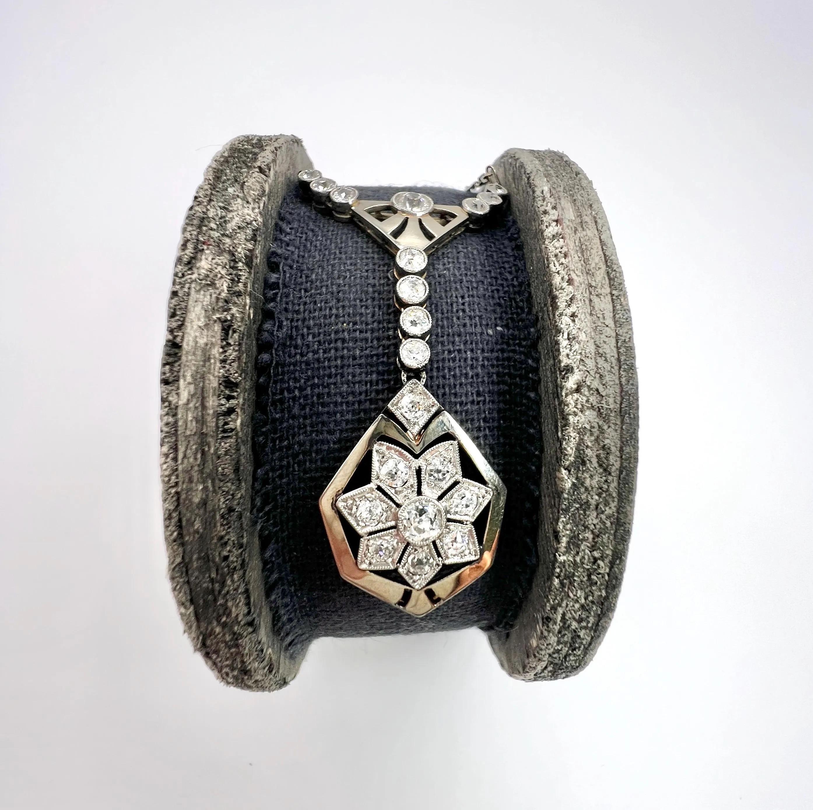 Brilliant Cut Antique 1920s French Platinum Diamond Snowflake Pendant Necklace Star Y Necklace For Sale