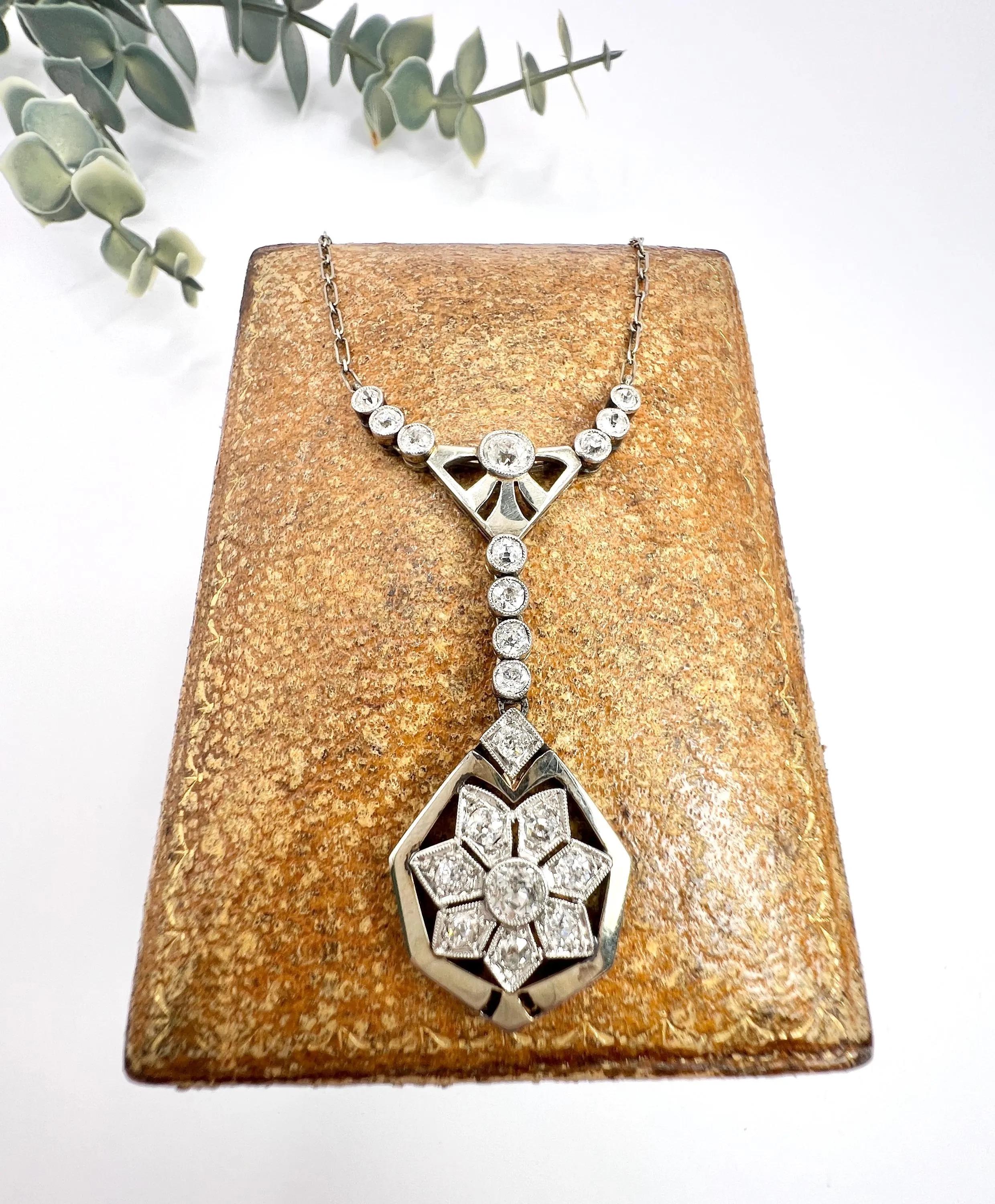 Women's or Men's Antique 1920s French Platinum Diamond Snowflake Pendant Necklace Star Y Necklace For Sale
