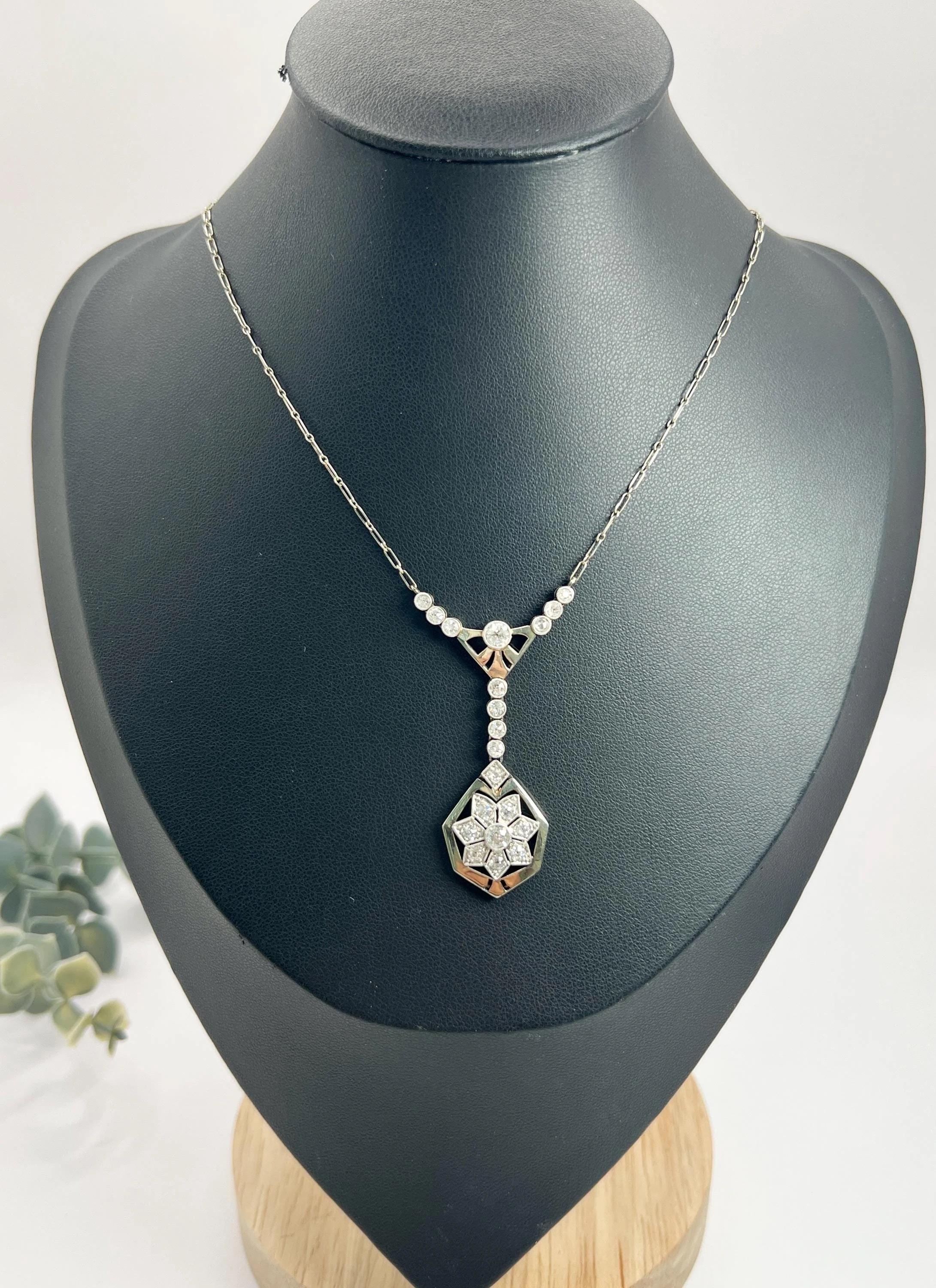 Antique 1920s French Platinum Diamond Snowflake Pendant Necklace Star Y Necklace For Sale 1