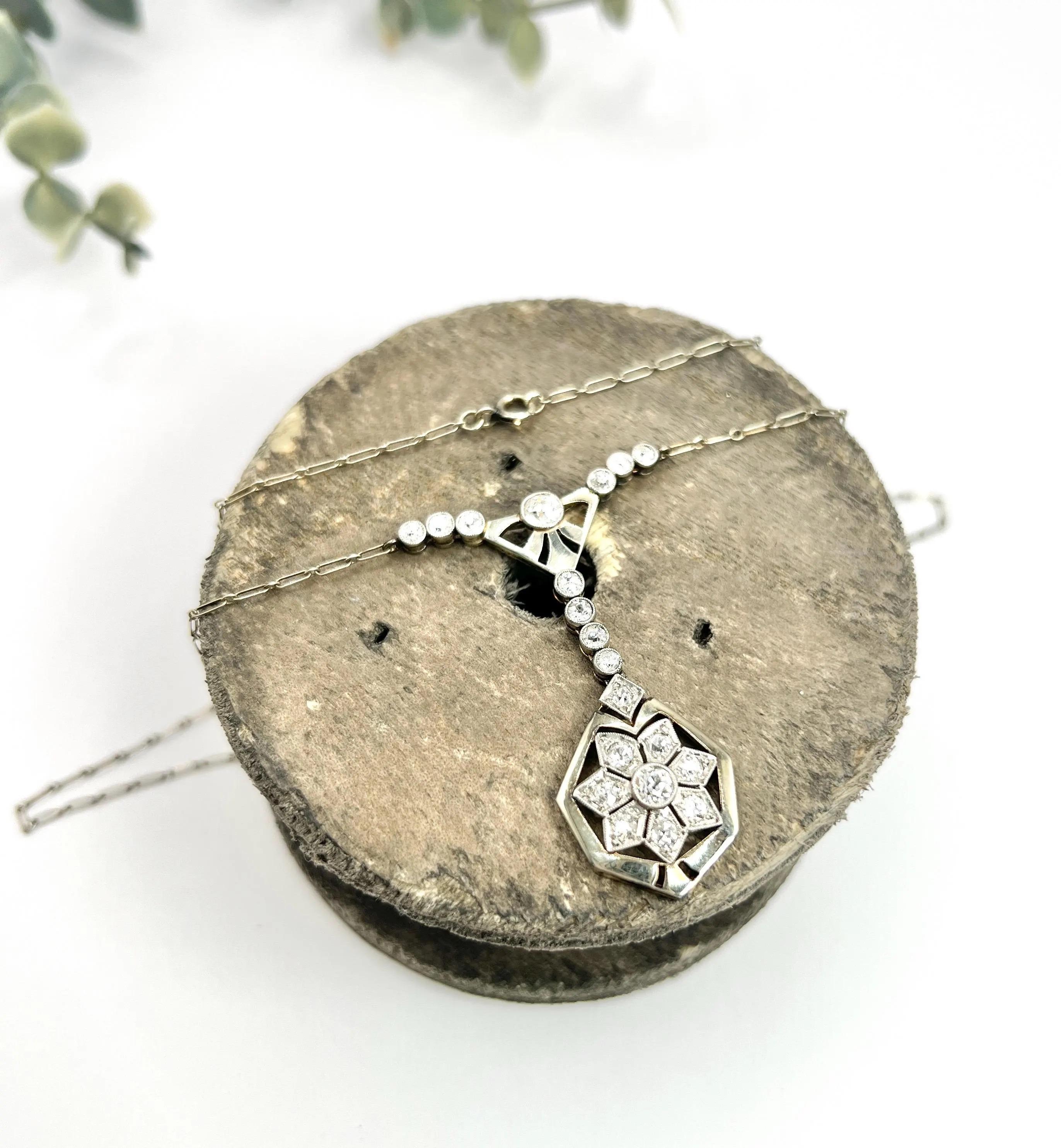 Antique 1920s French Platinum Diamond Snowflake Pendant Necklace Star Y Necklace For Sale 2