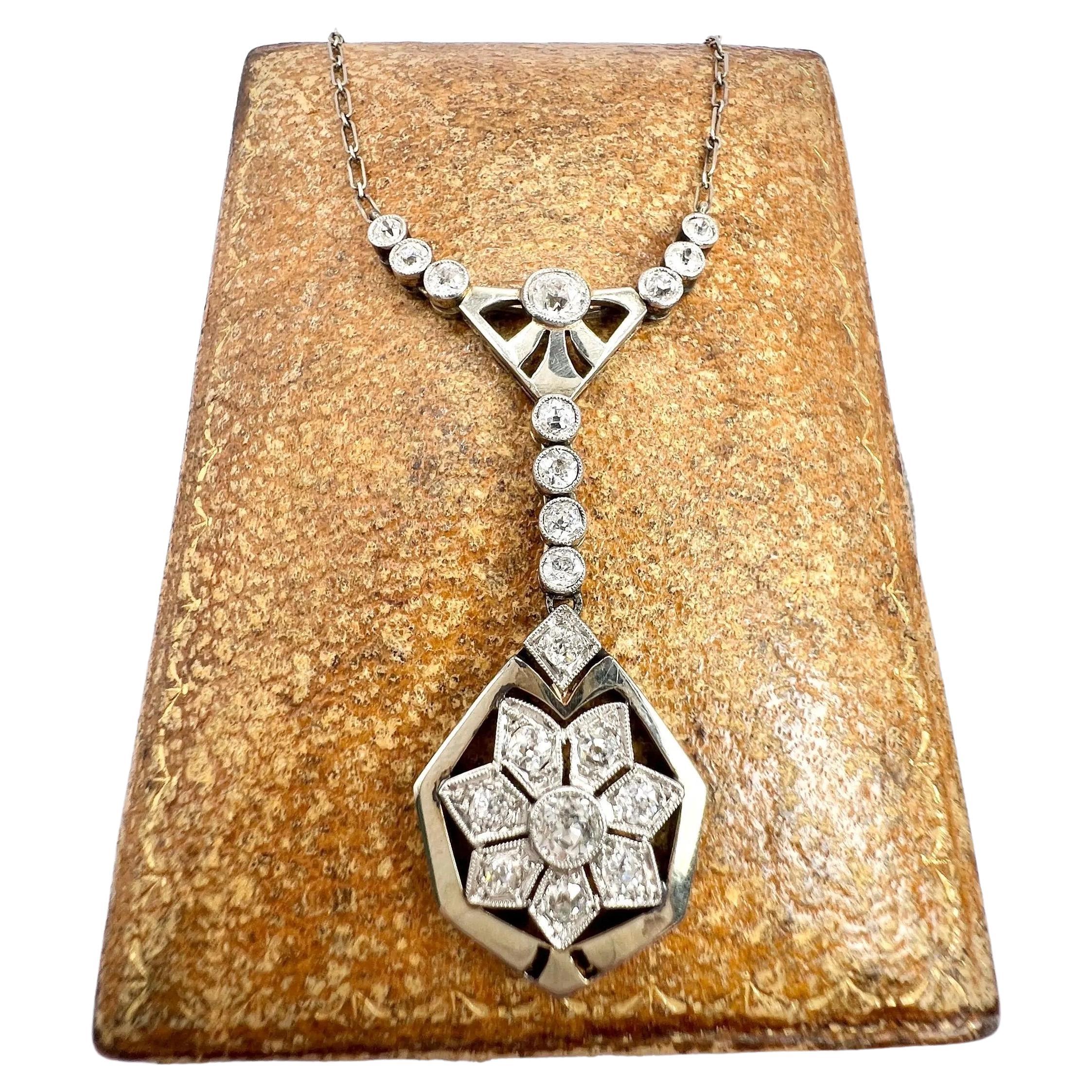 Antique 1920s French Platinum Diamond Snowflake Pendant Necklace Star Y Necklace