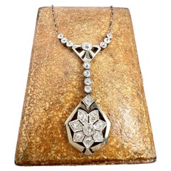 Antique 1920s French Platinum Diamond Snowflake Pendant Necklace Star Y Necklace
