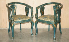 ANTIQUE 1920'S GREEN CHINESE CHINOISERIE HORSESHOE CHAIRS PART OF A LARGE SUiTE