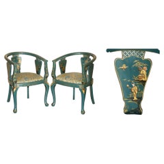 ANTIQUE 1920'S GREEN CHINESE CHINOISERIE HORSESHOE CHAIRS PART OF A LARGE SUiTE