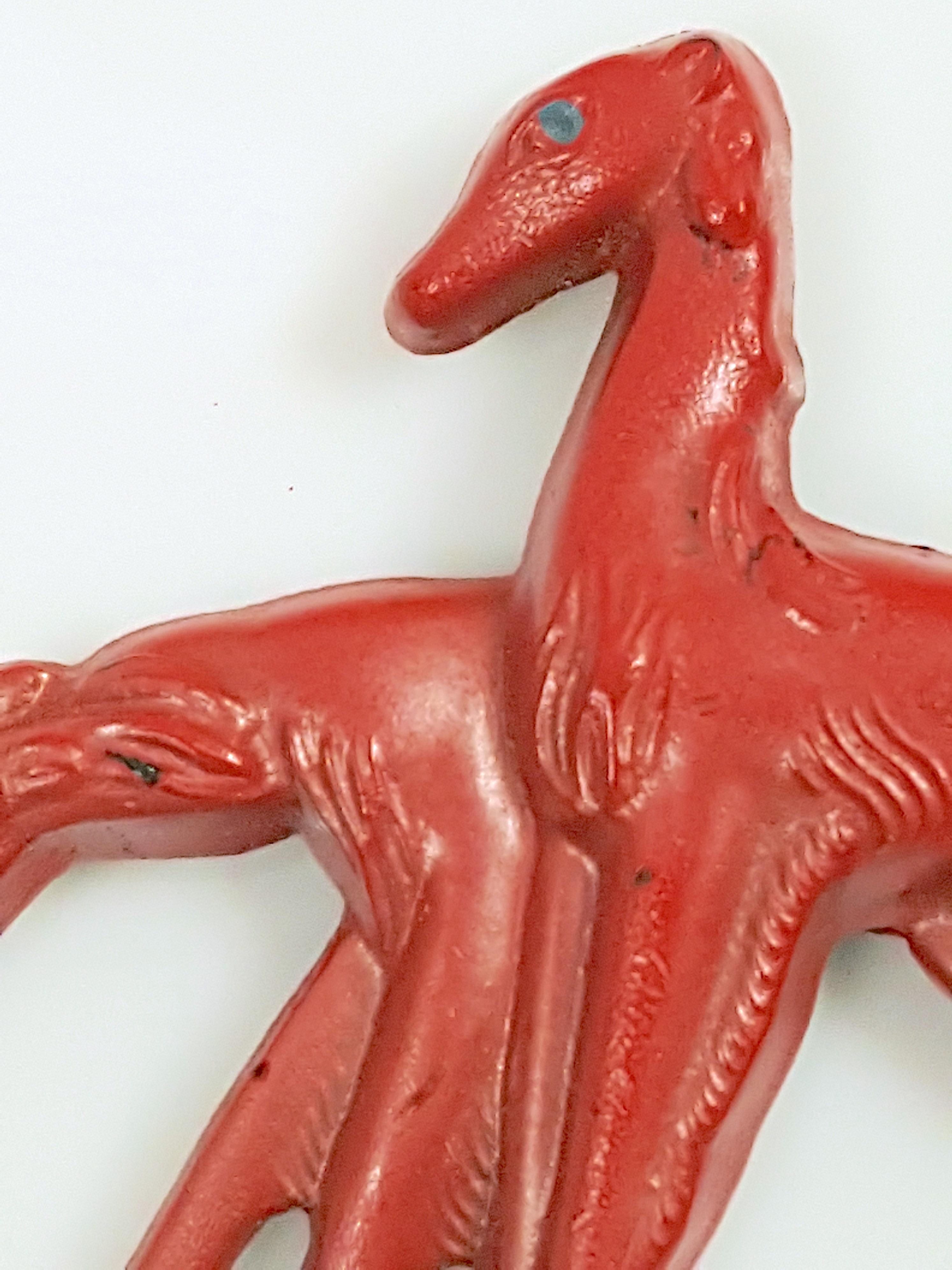 Couture 1920s French HandCarved Dogs Hounds Galalith RedPaintedArtPlastic Brooch For Sale 3
