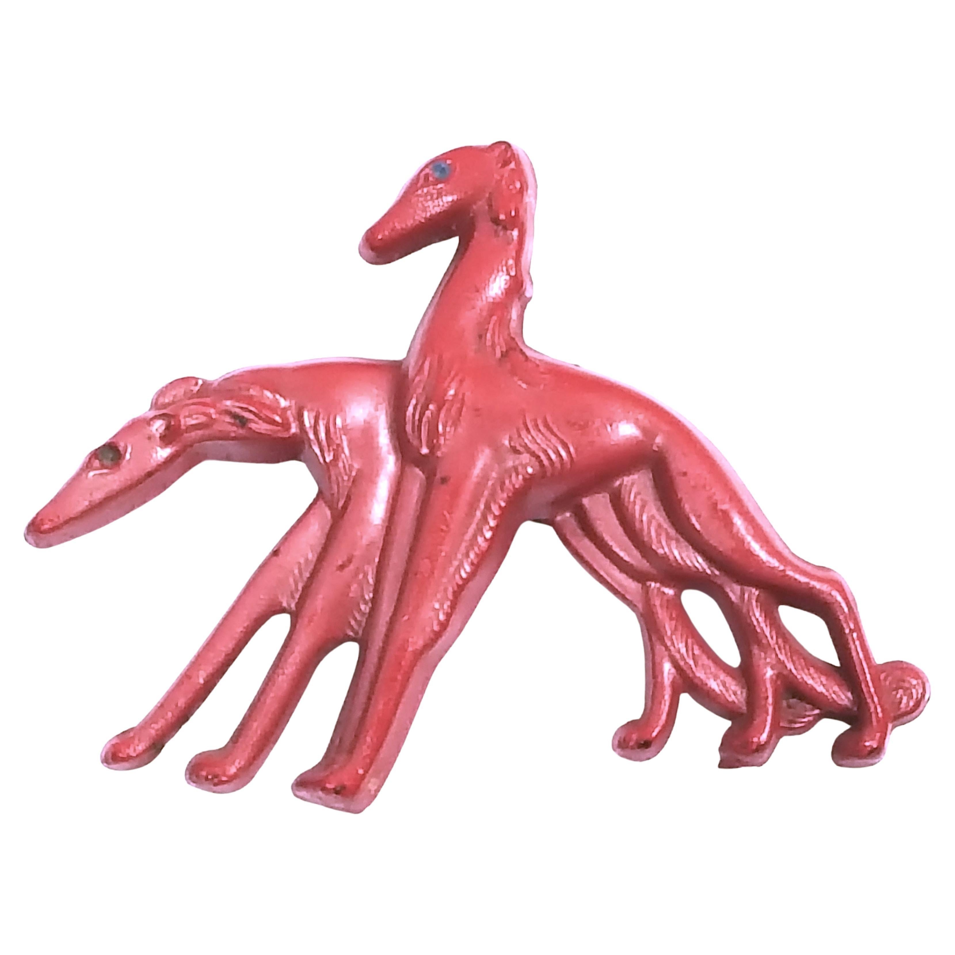 Couture 1920s French HandCarved Dogs Hounds Galalith RedPaintedArtPlastic Brooch For Sale