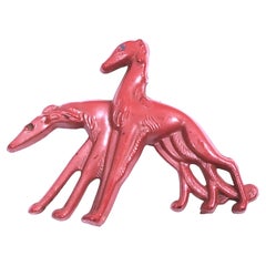 Couture 1920s French HandCarved Dogs Hounds Galalith RedPaintedArtPlastic Brooch