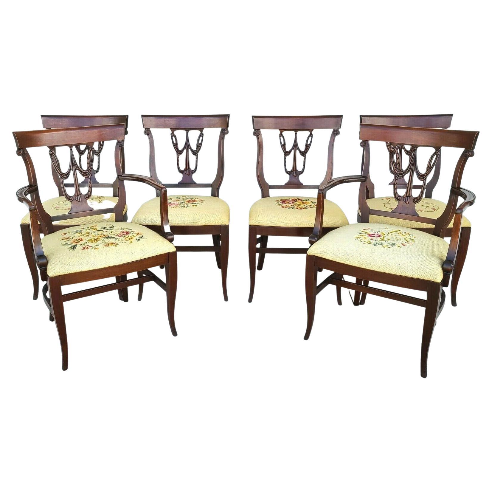 Antique 1920s Italian Regency Mahogany Dining Chairs with Needlepoint -Set of 6