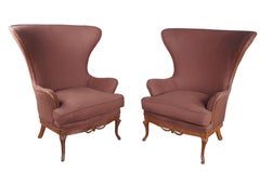 Antique 1920s Johnson Chair Co. Mahogany & Brown Mohair Library Wingback Chairs