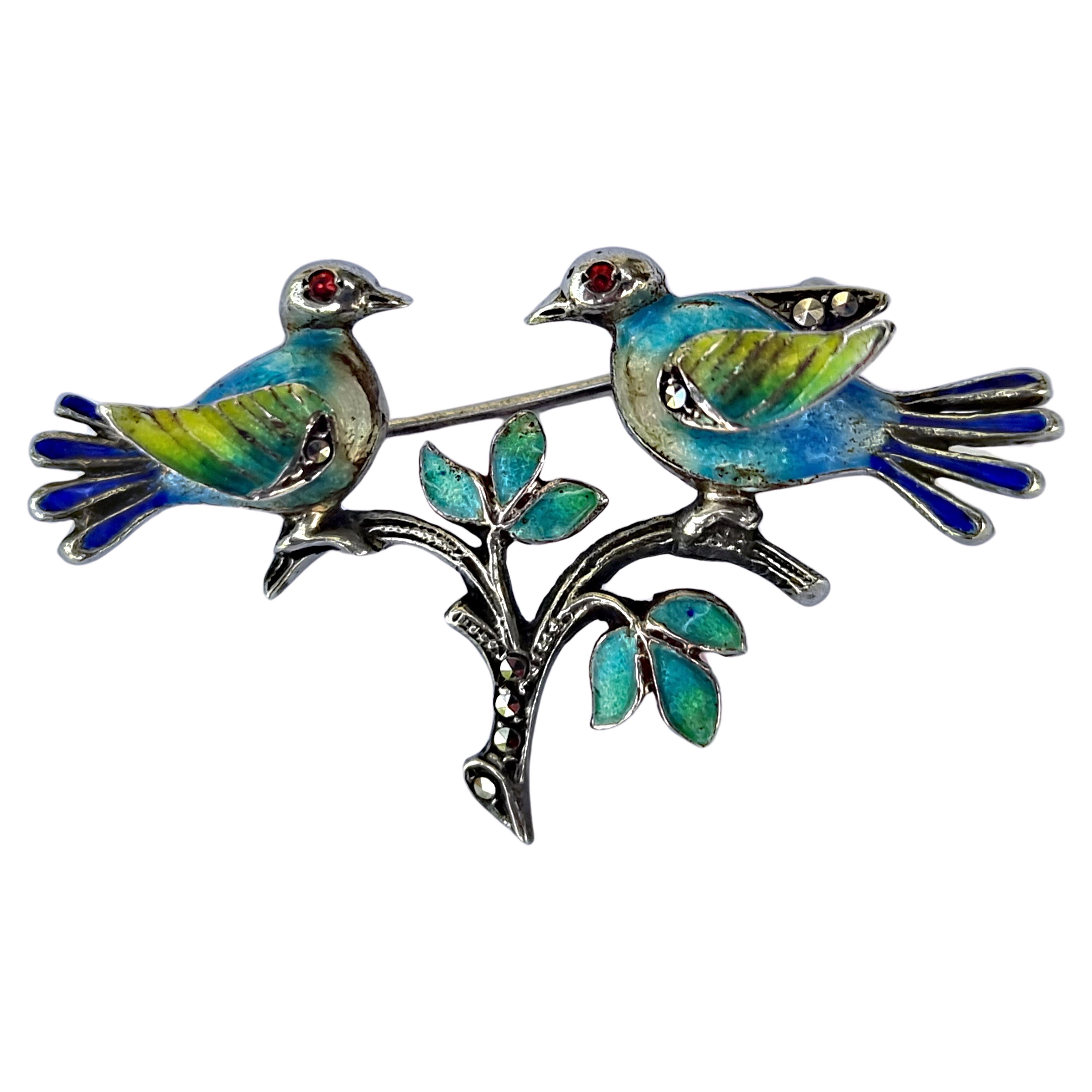 Antique 1920s love birds silver and enamel marcasite set brooch For Sale