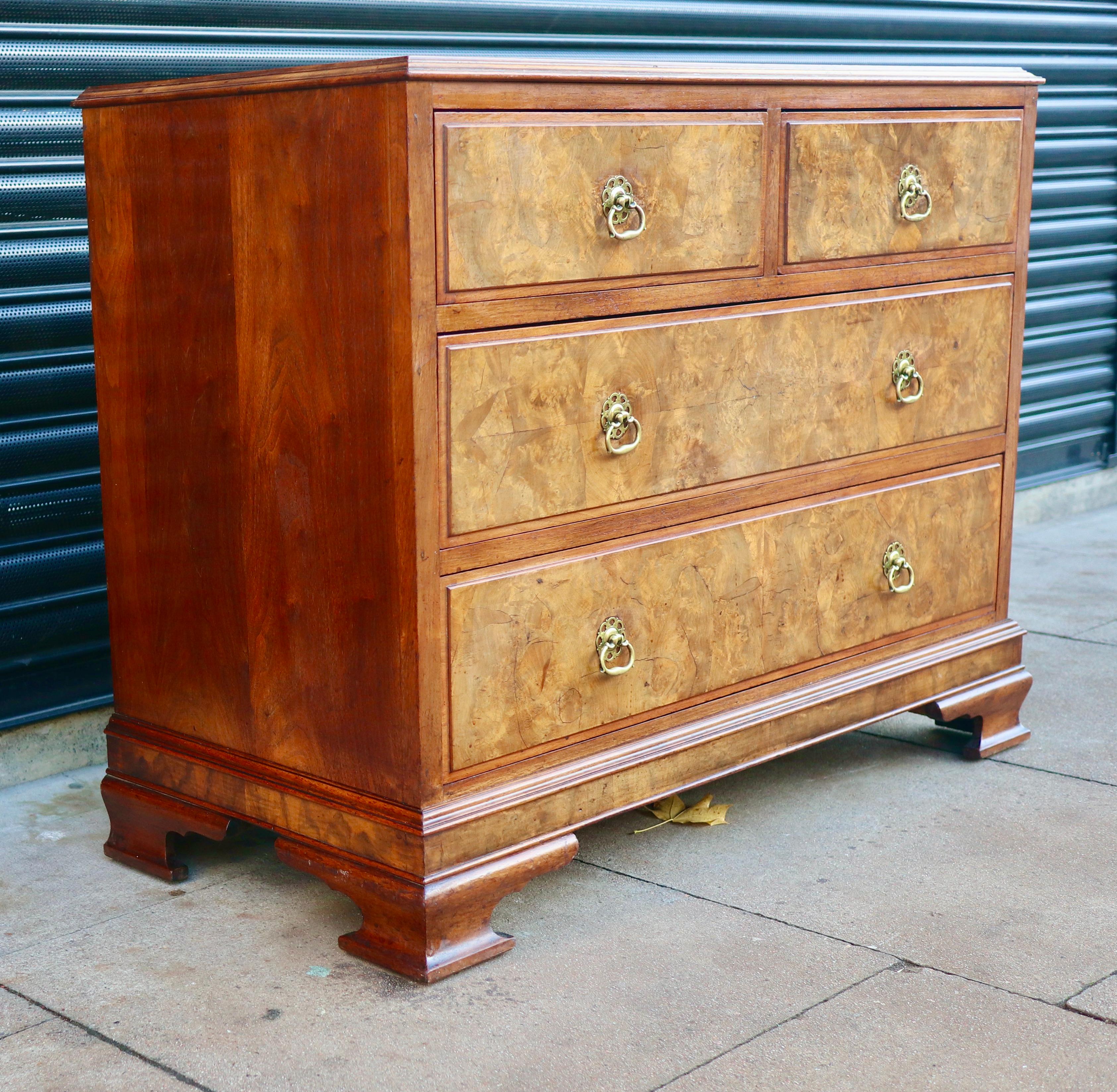 English Antique 1920s Mahogany & burr Walnut Chest Of four Drawers For Sale