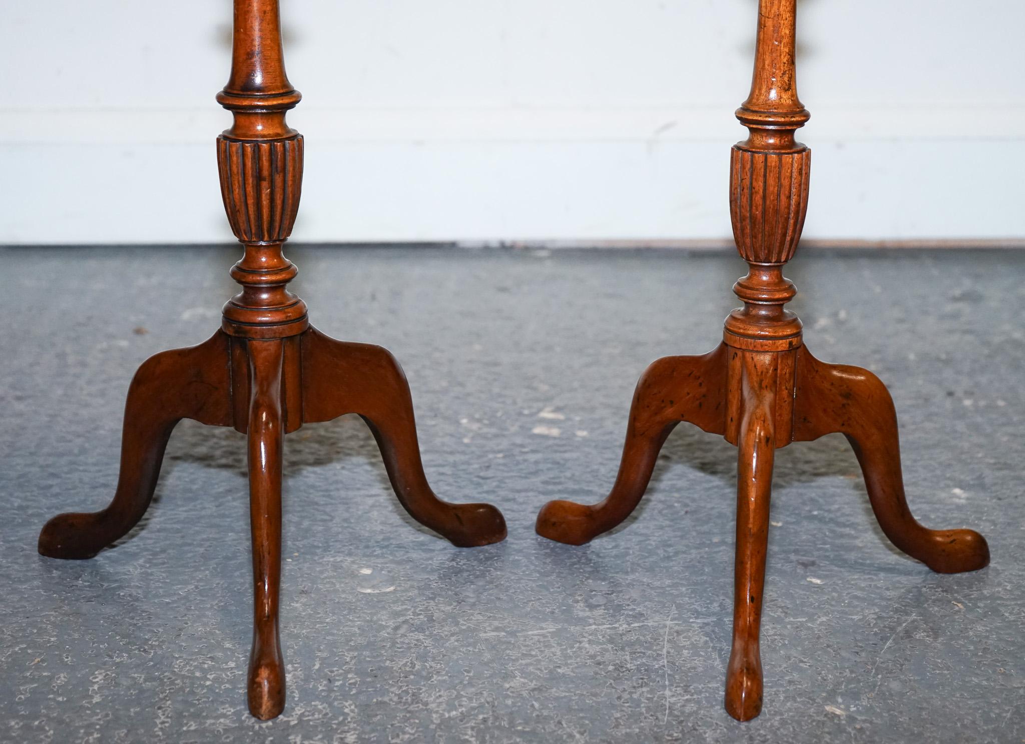 20th Century ANTIQUE 1920's MATCHED BROWN LEATHER TOP PAIR OF WINE END SIDE TABLE TRiPOD BASE For Sale