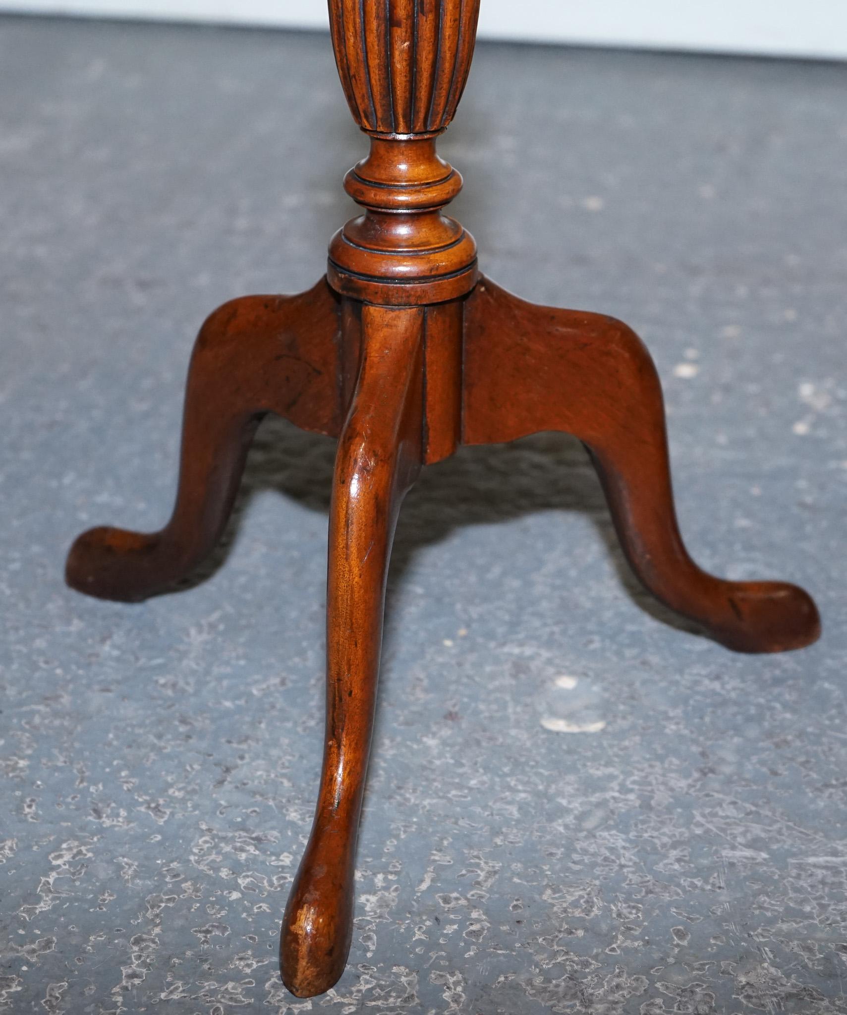 Leather ANTIQUE 1920's MATCHED BROWN LEATHER TOP PAIR OF WINE END SIDE TABLE TRiPOD BASE For Sale
