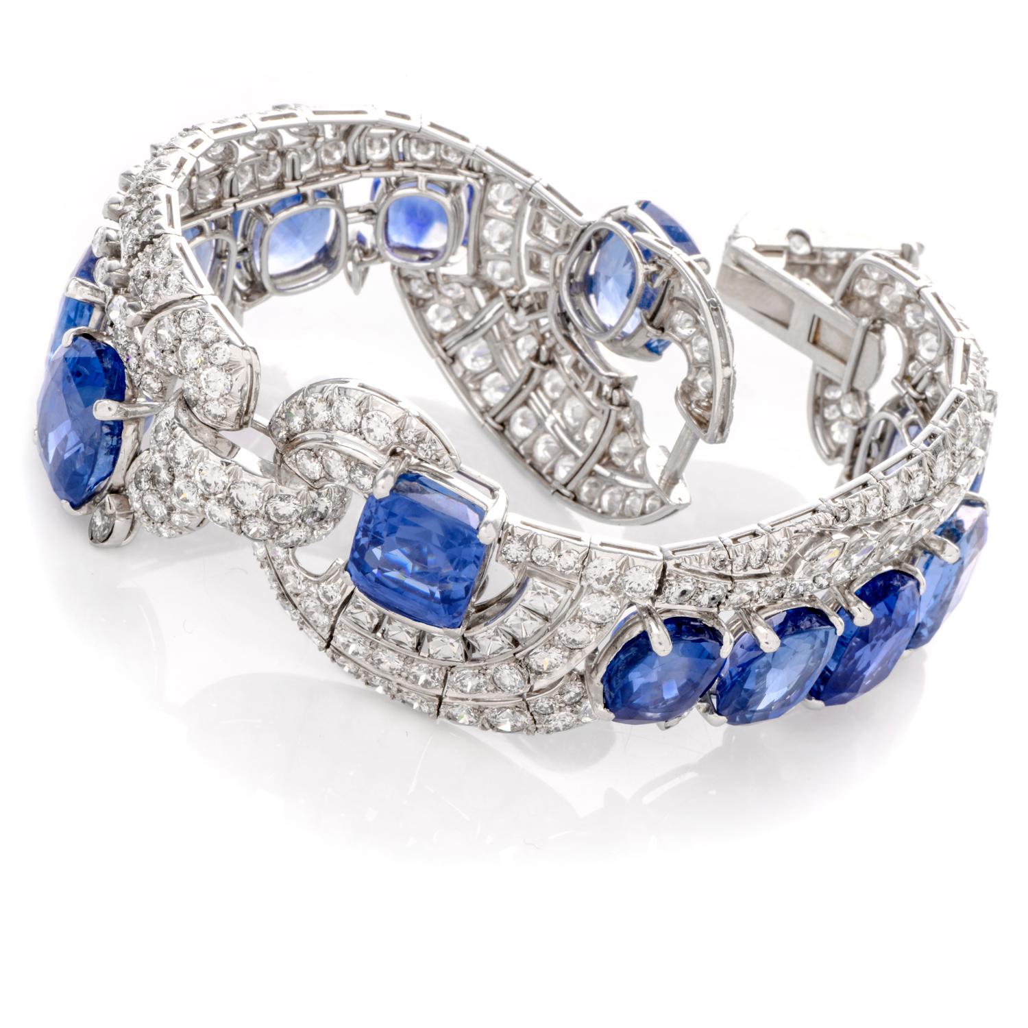 Feel like a Queen!

This one-of-a-kind stunning Sapphire and Diamond bracelet was inspired by an

Unbridled Imagination of the Jewels of the Nile and crafted in Luxurious Platinum.

This statement piece features 12 stunning elongated Cushions shaped