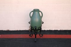 Antique 1920s Olive Green Glazed Oil Jar With Wrought Iron Stand