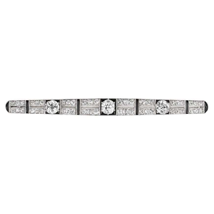 Antique 1920s Onyx Diamond Platinum Brooch 5.80 Cts