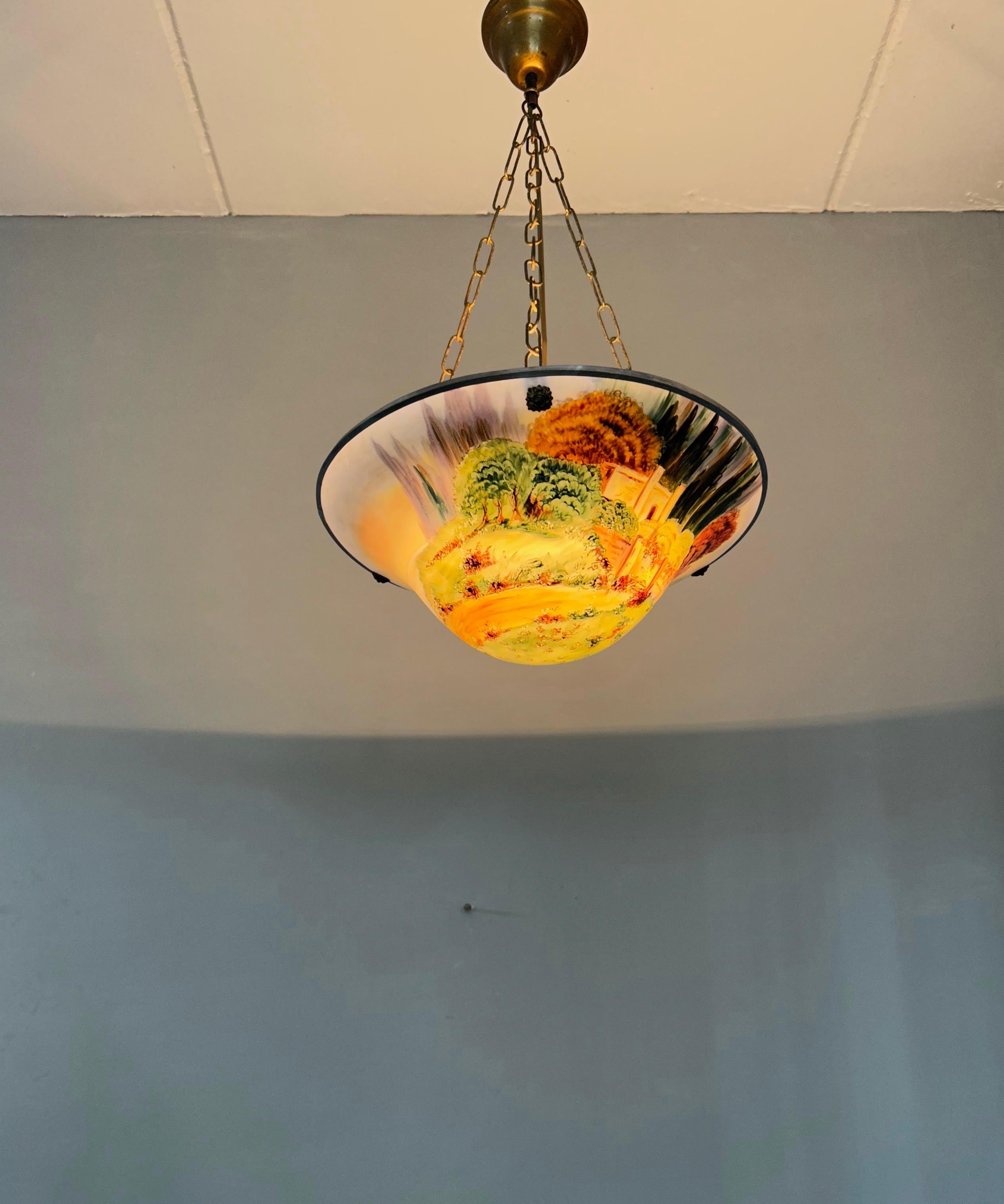 Ancienne lampe à suspension en verre opalin des années 1920 avec abat-jour paysage peint à la main en vente 5