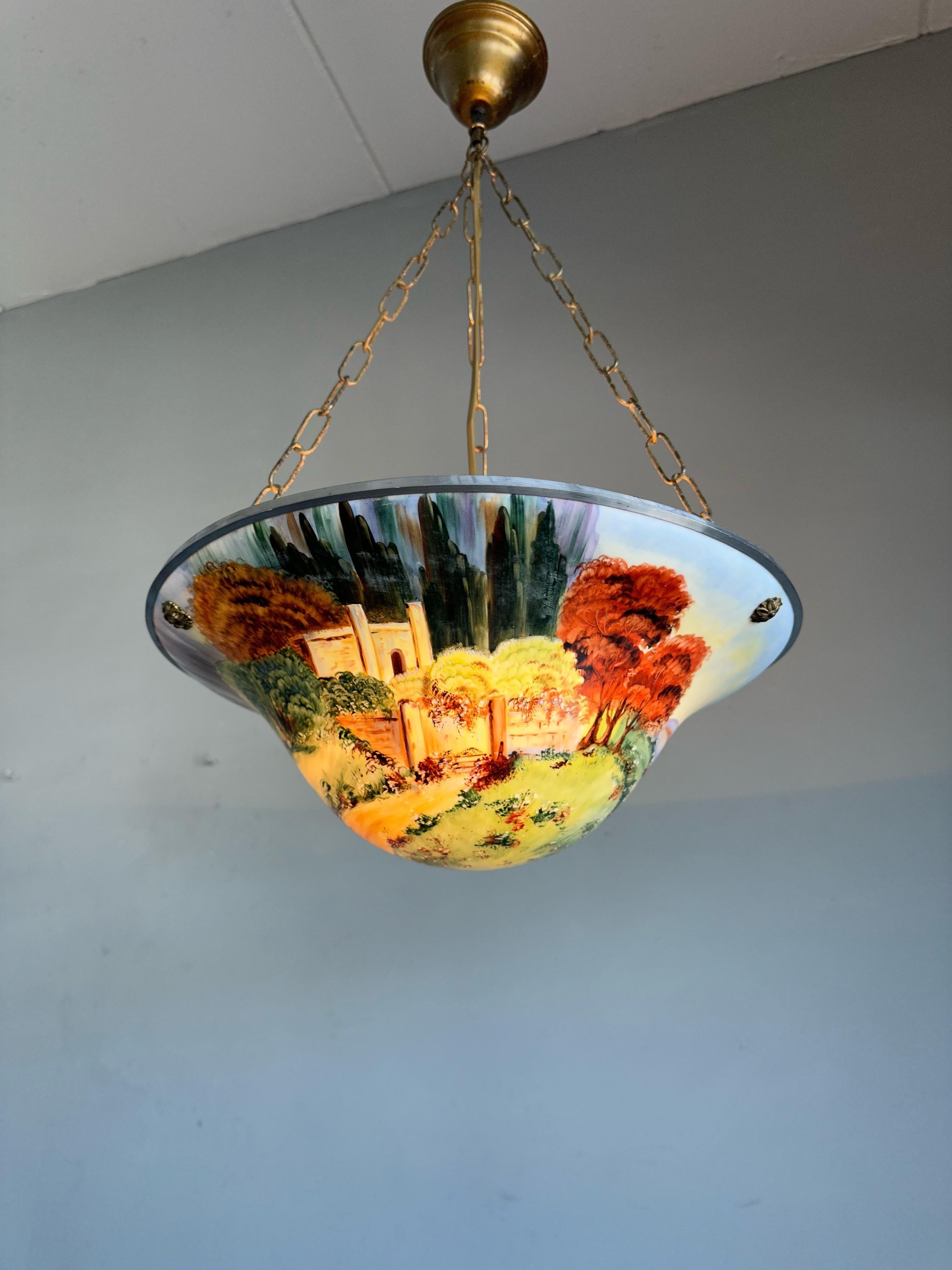 Antique 1920s Opaline Glass Shade with Hand Painted Landscape Pendant Light For Sale 9