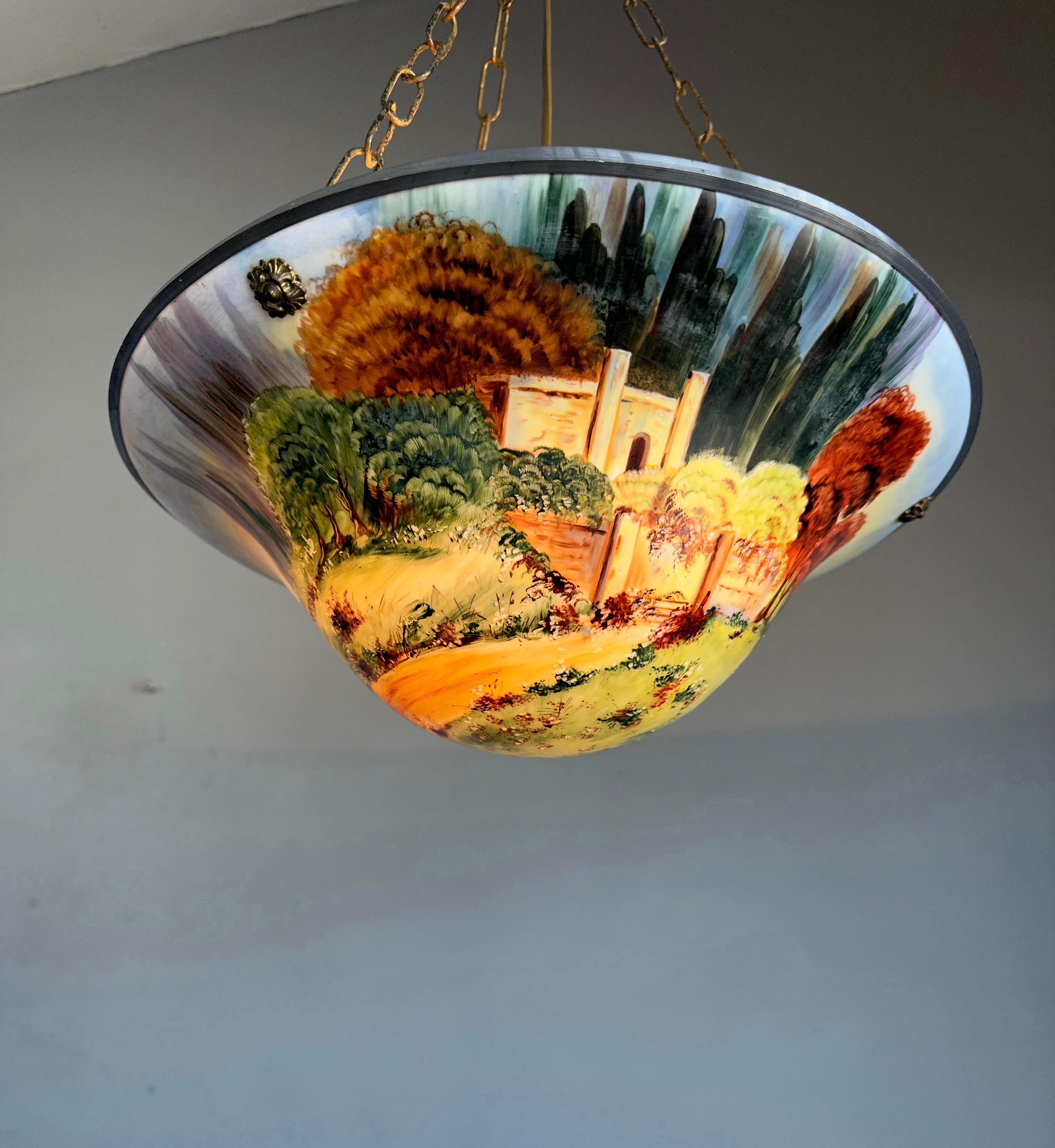 Ancienne lampe à suspension en verre opalin des années 1920 avec abat-jour paysage peint à la main en vente 9