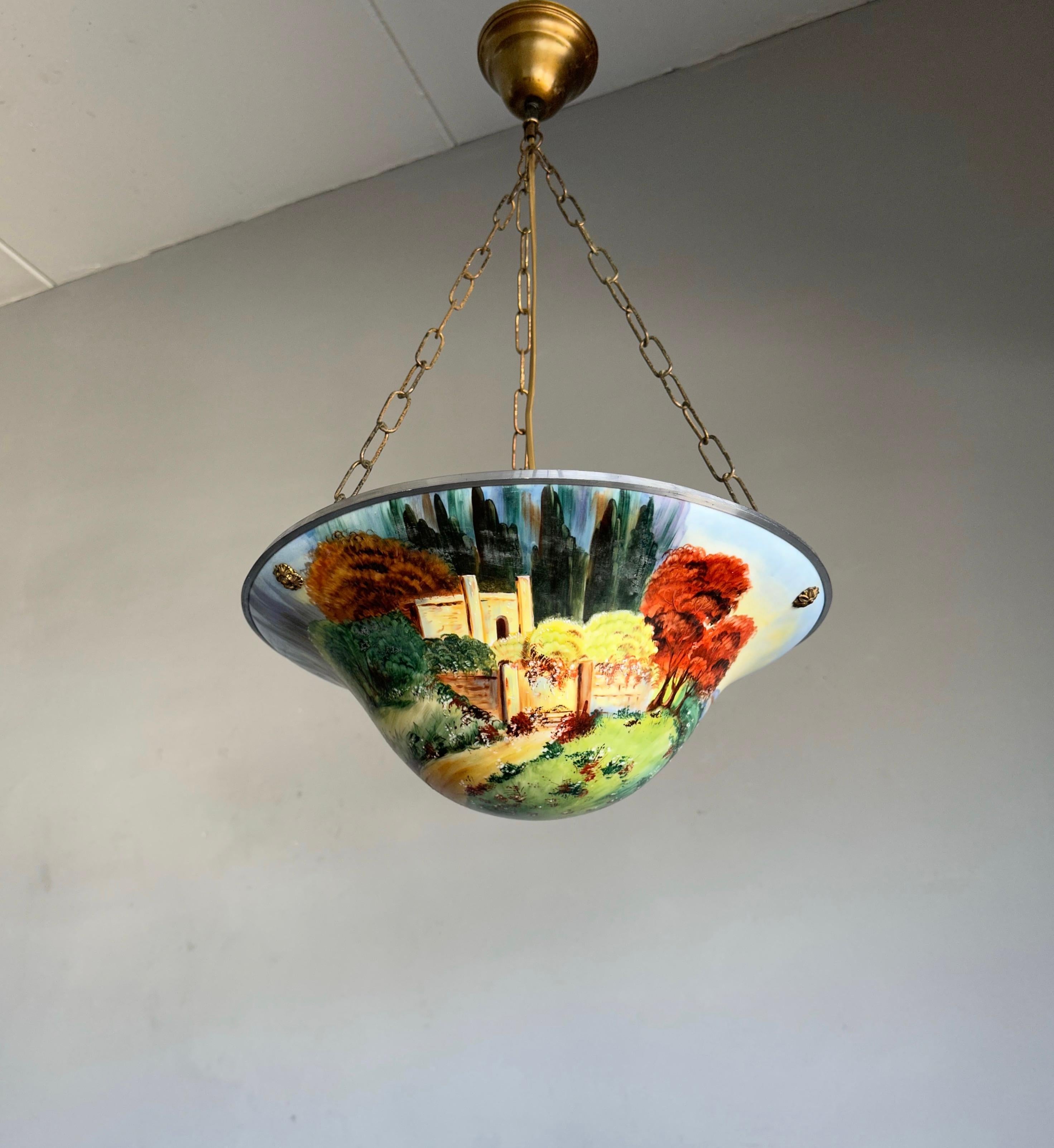 Ancienne lampe à suspension en verre opalin des années 1920 avec abat-jour paysage peint à la main en vente 10