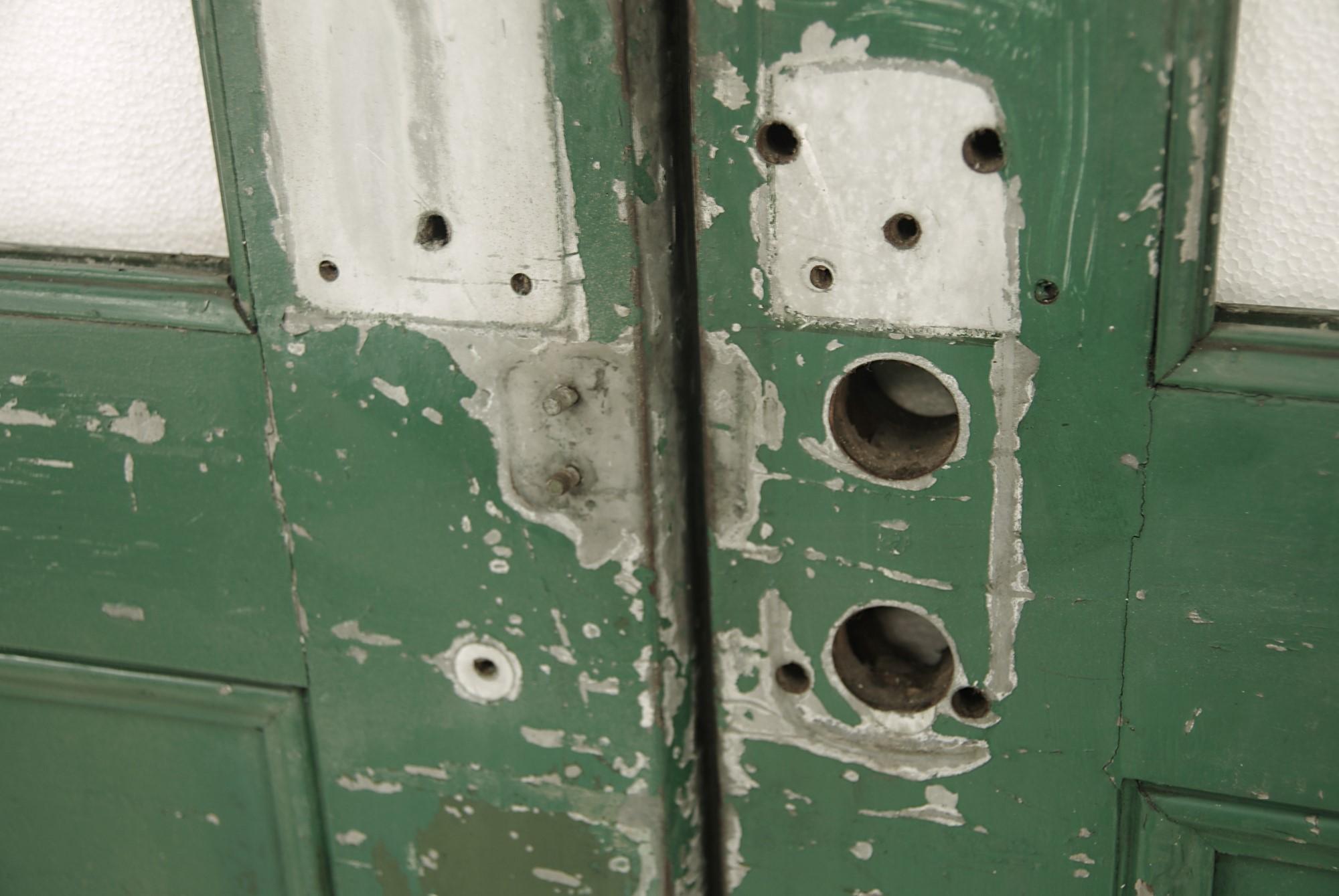 Industrial Antique 1920s Pair of Steel and Wood Green Doors Galvanized 6 Lites Each