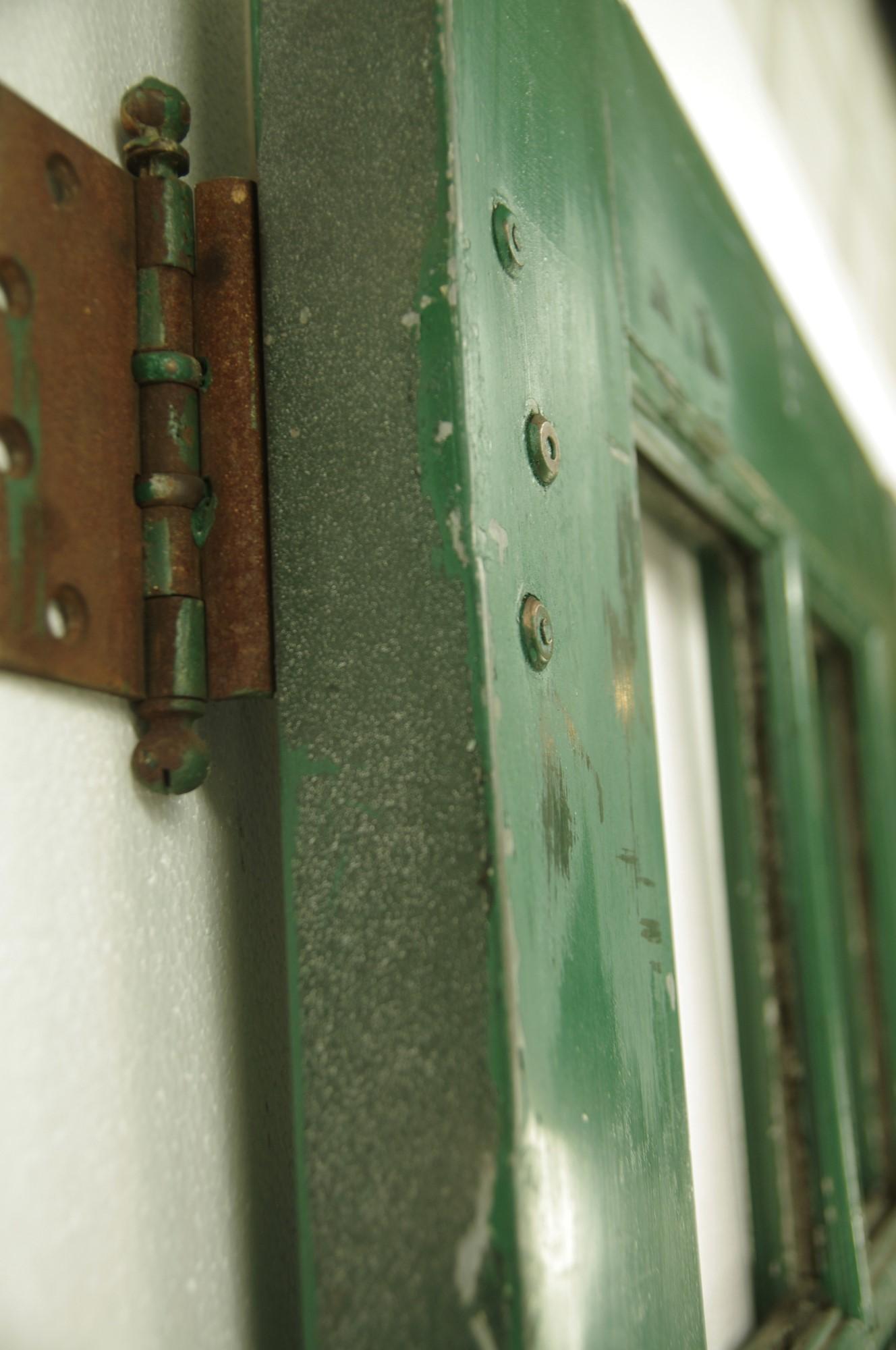 American Antique 1920s Pair of Steel and Wood Green Doors Galvanized 6 Lites Each