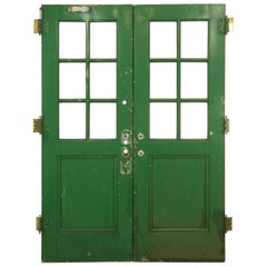 Antique 1920s Pair of Steel and Wood Green Doors Galvanized 6 Lites Each