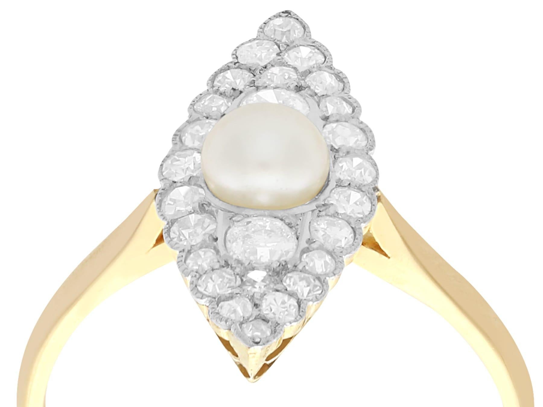 A fine and impressive antique pearl and 0.42 carat diamond, 18 karat yellow gold and platinum set marquise shaped dress ring; part of our diverse antique jewelry and estate jewelry collections.

This fine and impressive pearl and diamond ring has