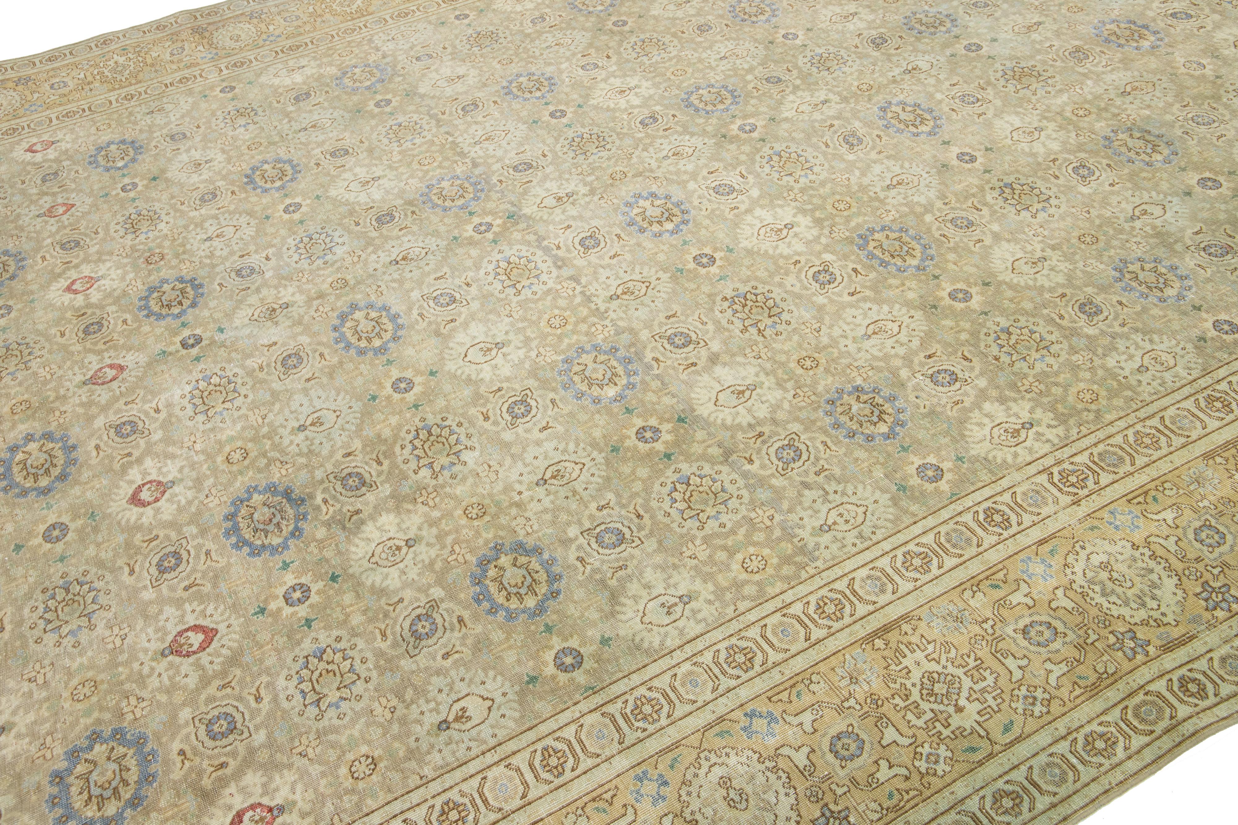 Hand-Knotted Antique 1920s Persian Tabriz Wool Rug With Floral Pattern In Beige  For Sale